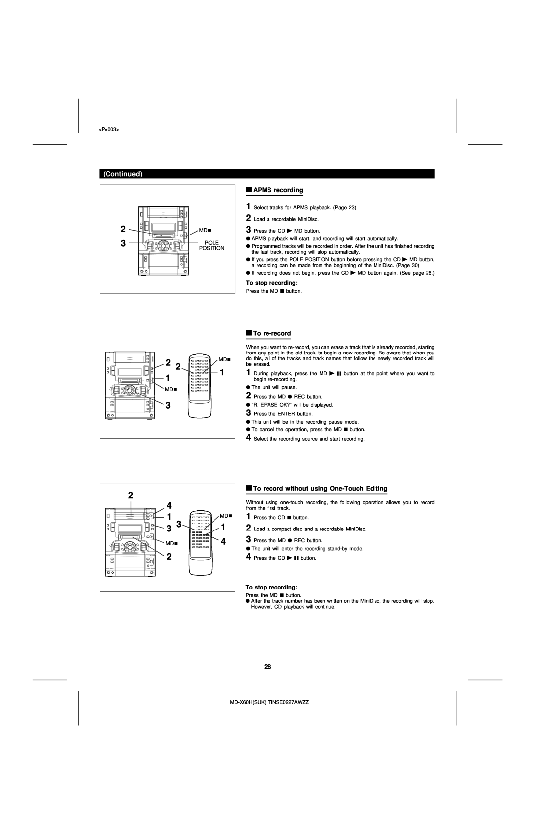 Sharp MD-X60H operation manual APMS recording, To re-record, To record without using One-TouchEditing 
