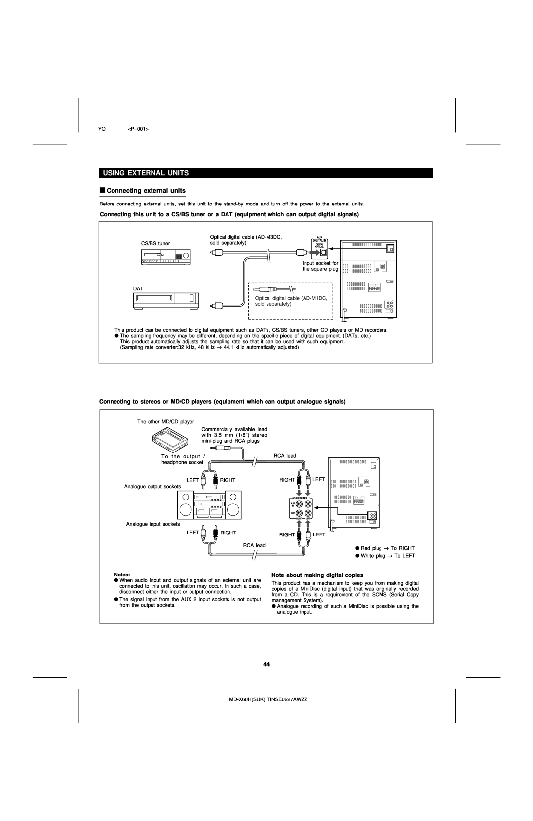 Sharp MD-X60H operation manual Using External Units, Connecting external units, Note about making digital copies 