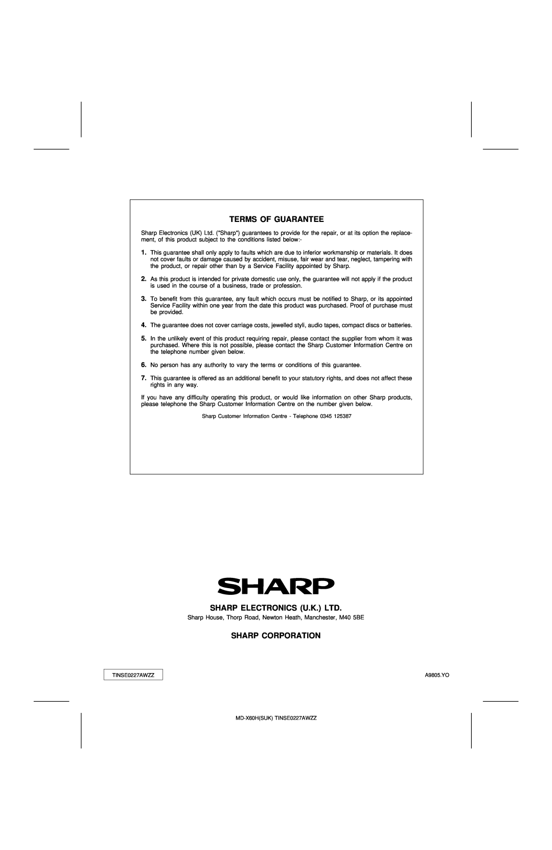 Sharp operation manual Terms Of Guarantee, Sharp Corporation, A9805.YO, MD-X60HSUKTINSE0227AWZZ 
