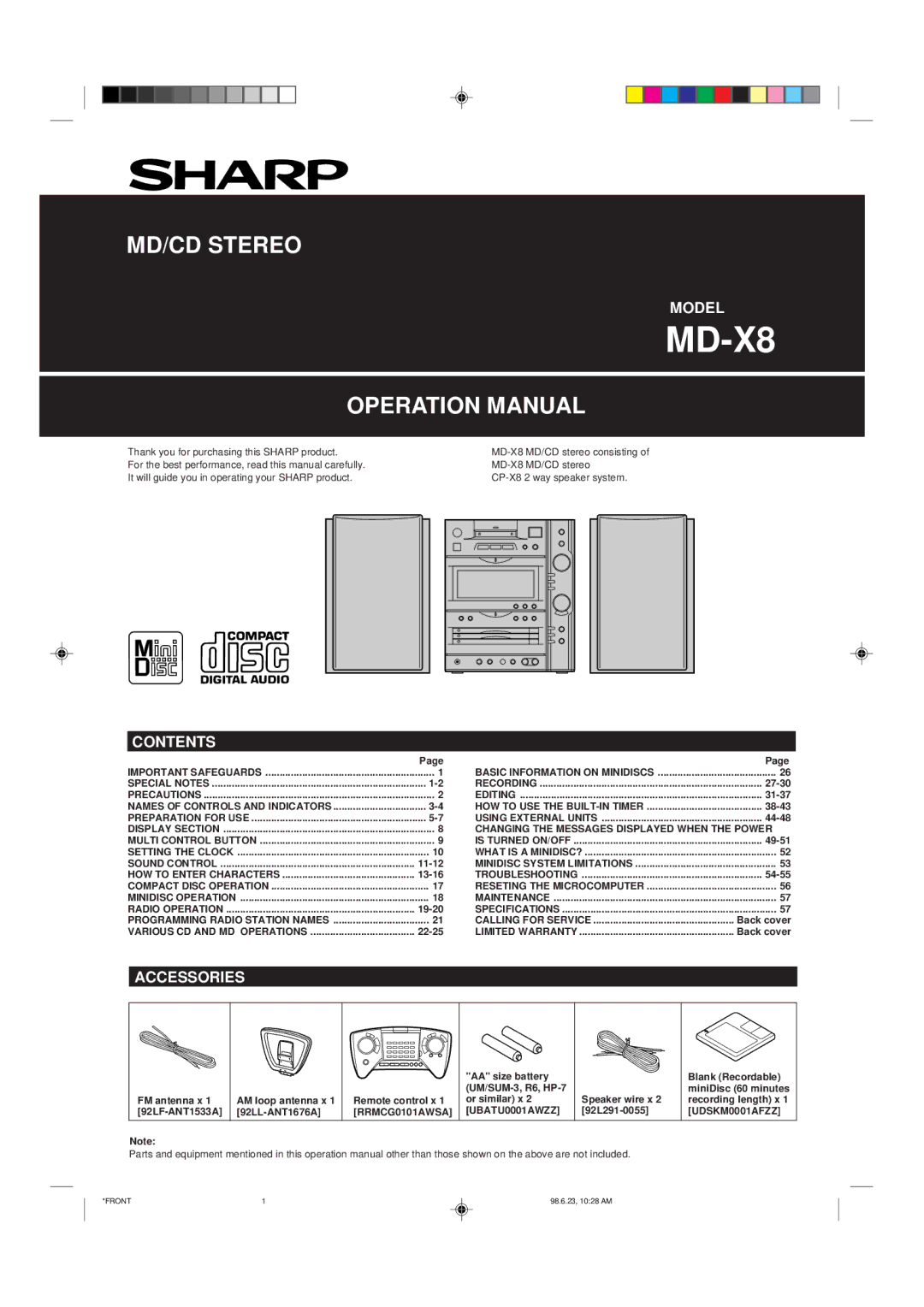 Sharp MD-X8 operation manual Model, Contents, Accessories 