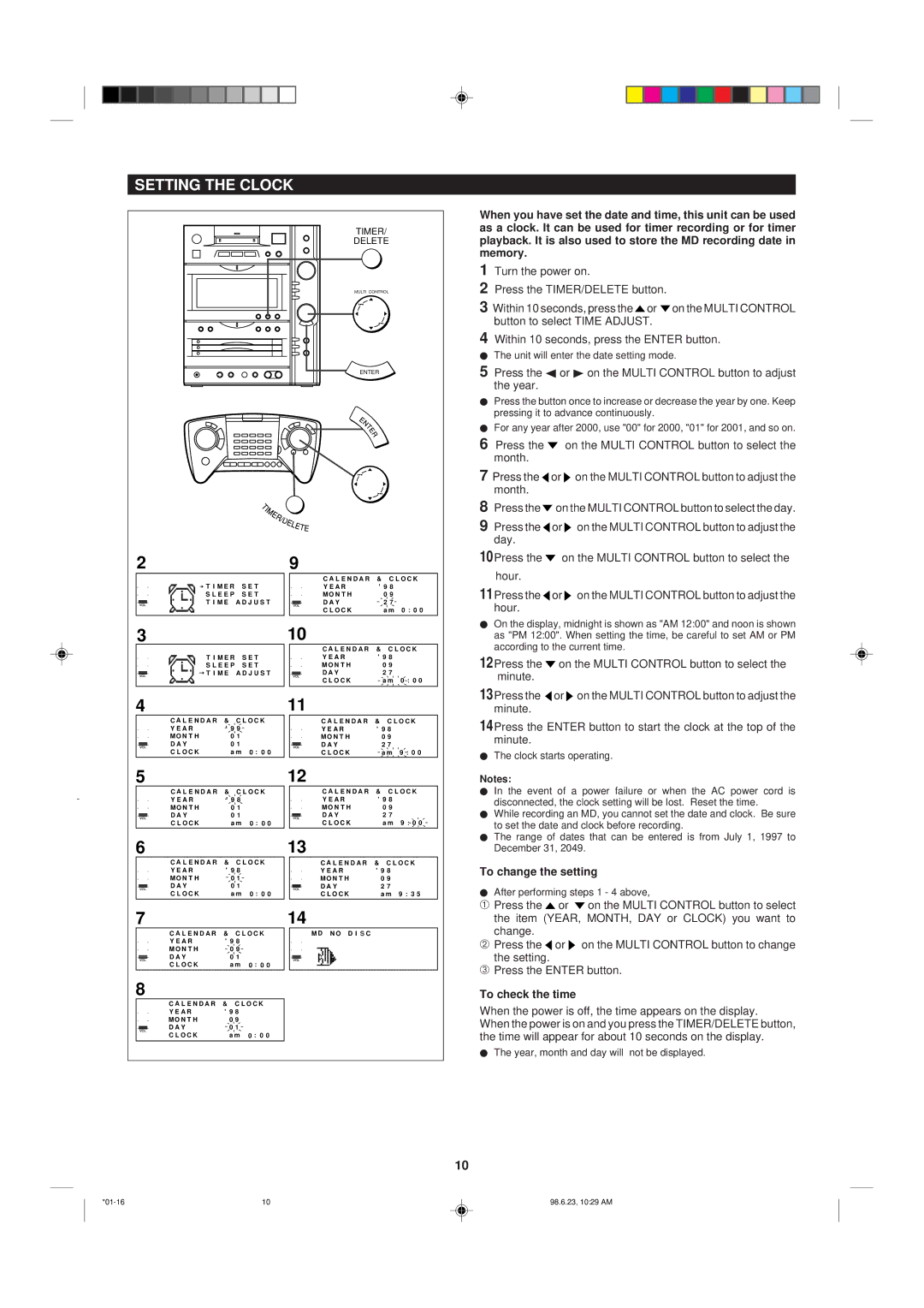 Sharp MD-X8 operation manual Setting the Clock, To change the setting, To check the time 