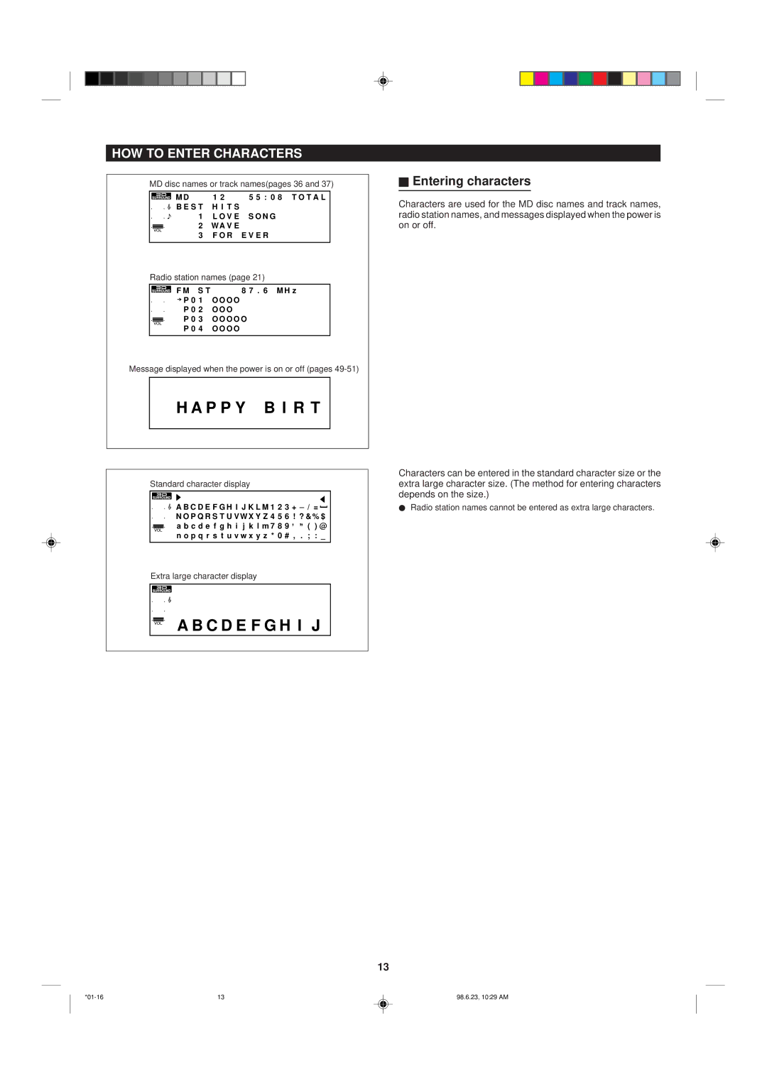 Sharp MD-X8 HOW to Enter Characters, Entering characters, MD disc names or track namespages 36, Radio station names 