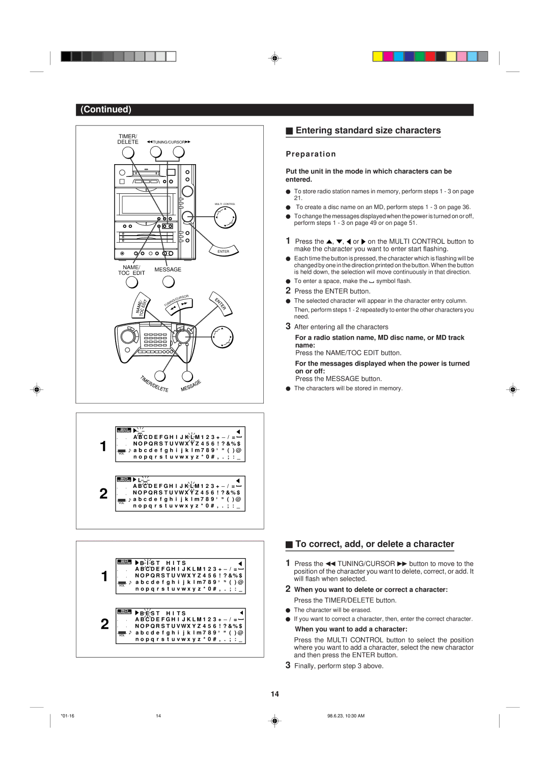 Sharp MD-X8 operation manual Entering standard size characters, To correct, add, or delete a character, E p a r a t i o n 