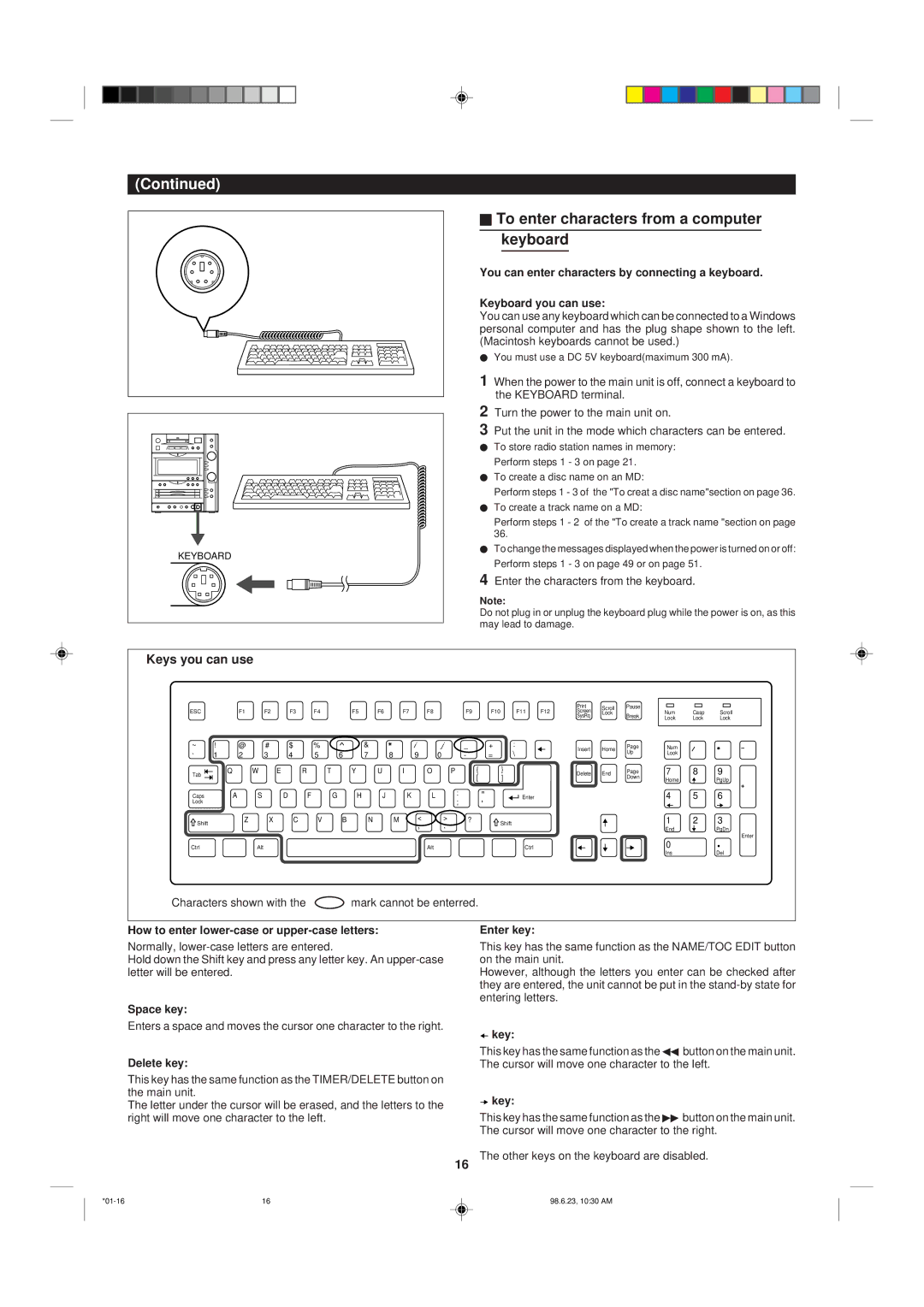 Sharp MD-X8 operation manual To enter characters from a computer keyboard, Keys you can use 