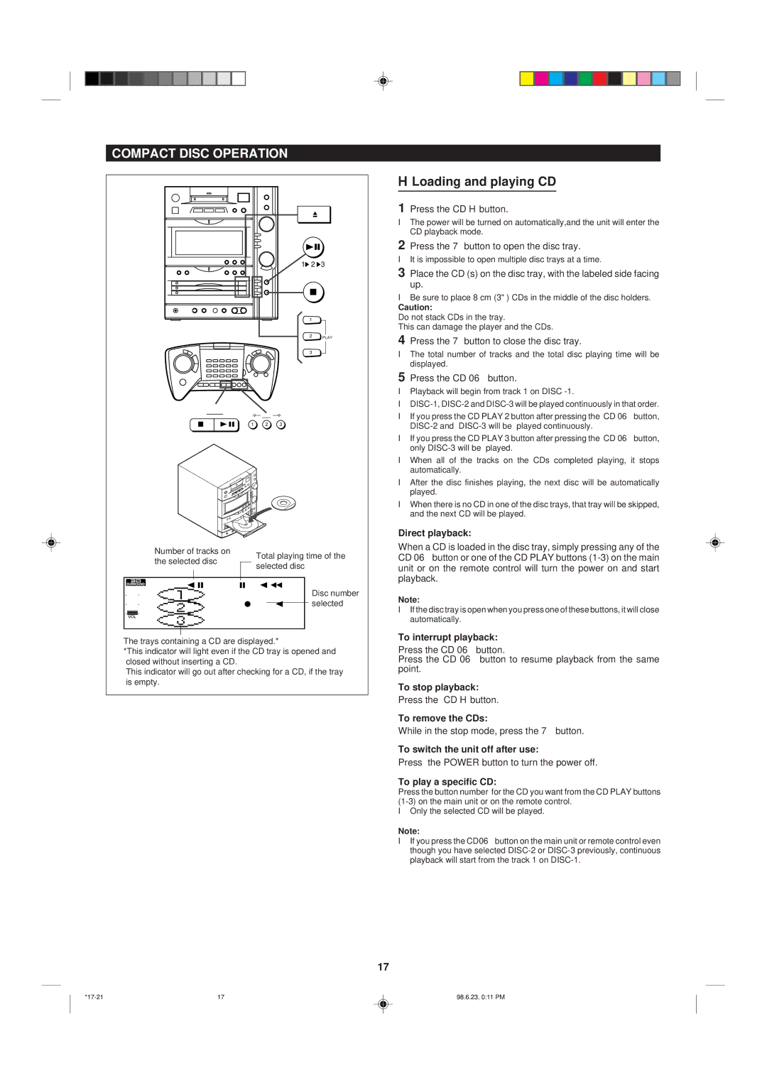 Sharp MD-X8 operation manual Compact Disc Operation, Loading and playing CD 