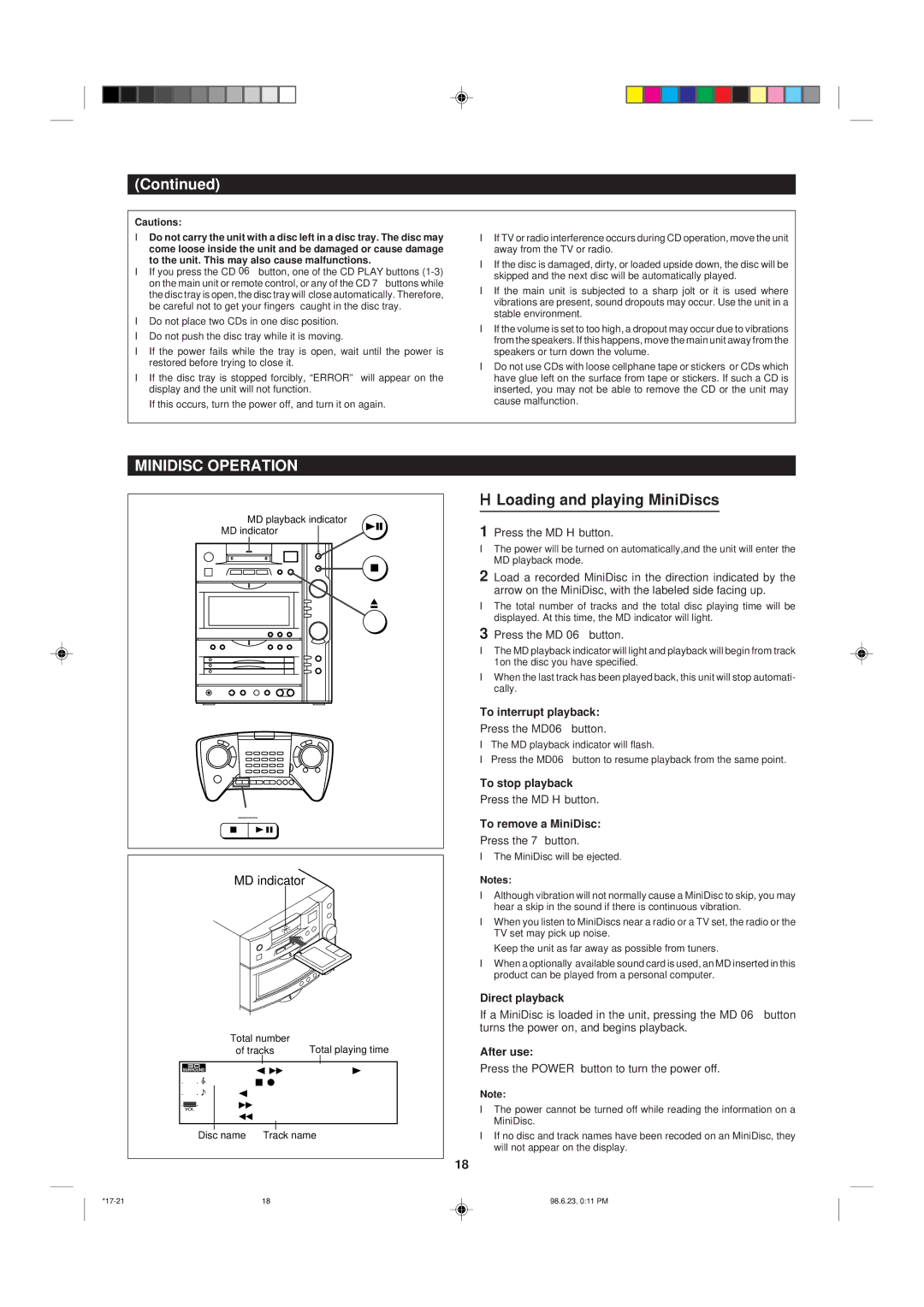 Sharp MD-X8 operation manual Minidisc Operation, Loading and playing MiniDiscs, To remove a MiniDisc, After use 