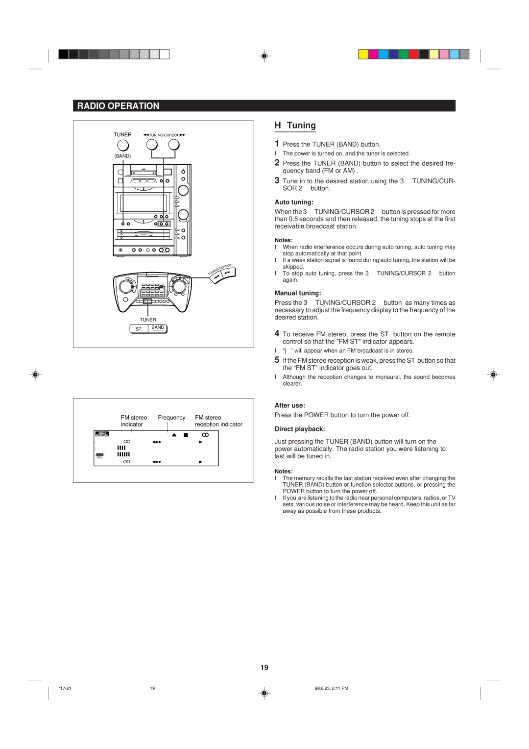 Sharp MD-X8 operation manual Radio Operation, Tuning, Press the Tuner Band button, Auto tuning, Manual tuning 