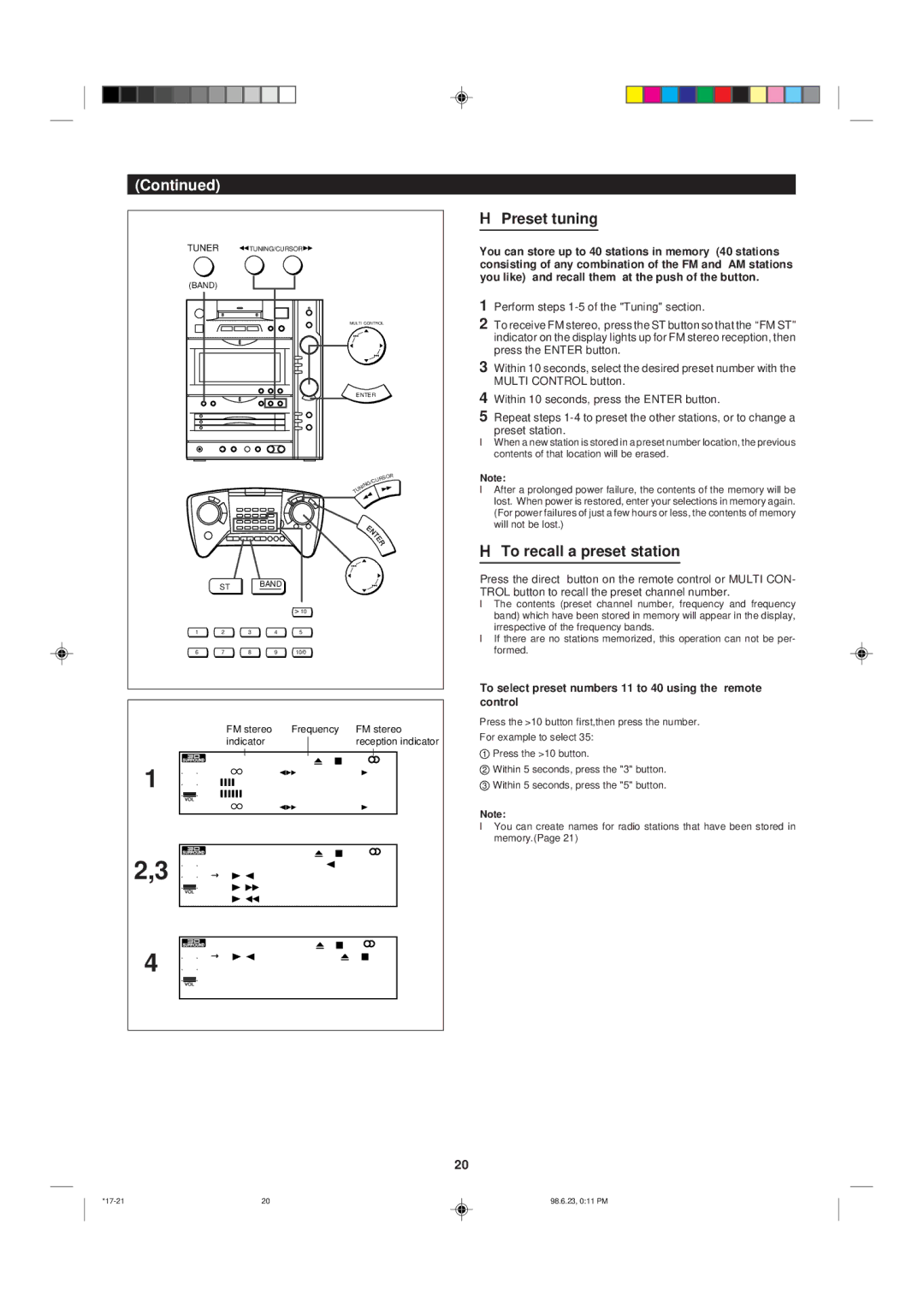 Sharp MD-X8 Preset tuning, To recall a preset station, To select preset numbers 11 to 40 using the remote control 