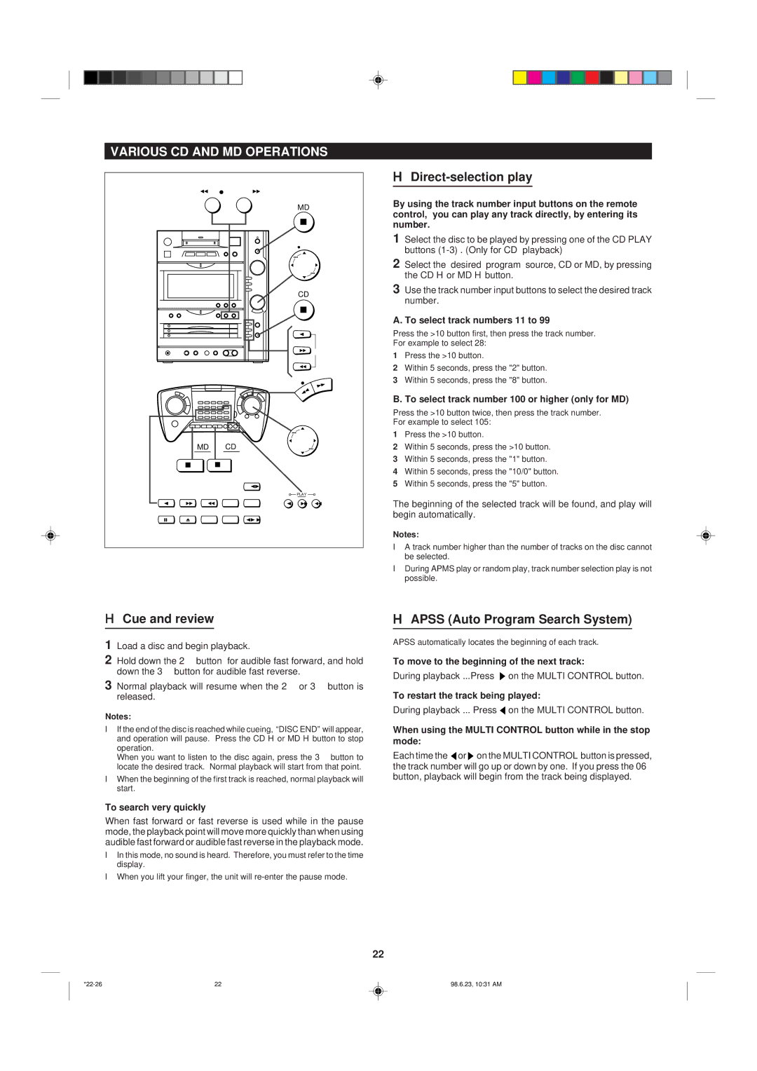 Sharp MD-X8 Various CD and MD Operations, Direct-selection play, Cue and review, Apss Auto Program Search System 