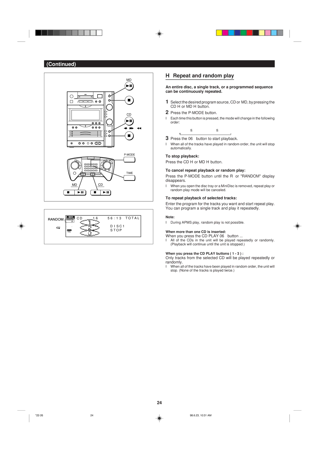 Sharp MD-X8 Repeat and random play, To cancel repeat playback or random play, To repeat playback of selected tracks 