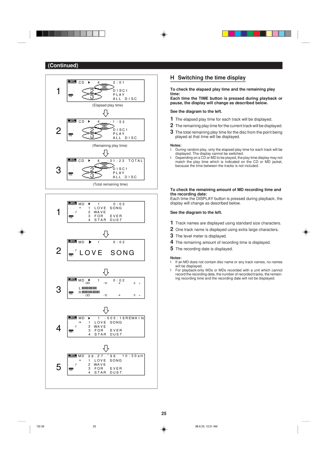 Sharp MD-X8 operation manual Switching the time display, Elapsed play time, Remaining play time, Total remaining time, A L 