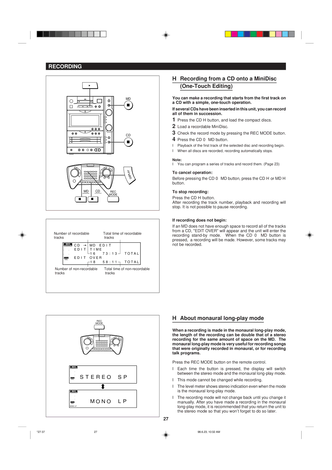 Sharp MD-X8 operation manual Recording from a CD onto a MiniDisc One-Touch Editing, About monaural long-play mode 