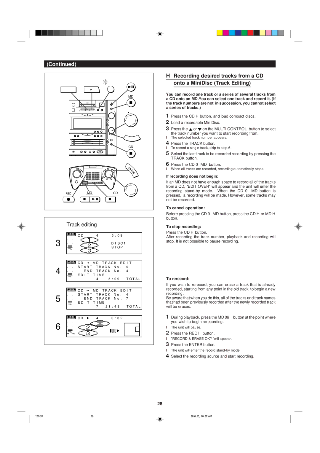 Sharp MD-X8 operation manual Track editing, Press the Track button, To rerecord, Press the REC I button 