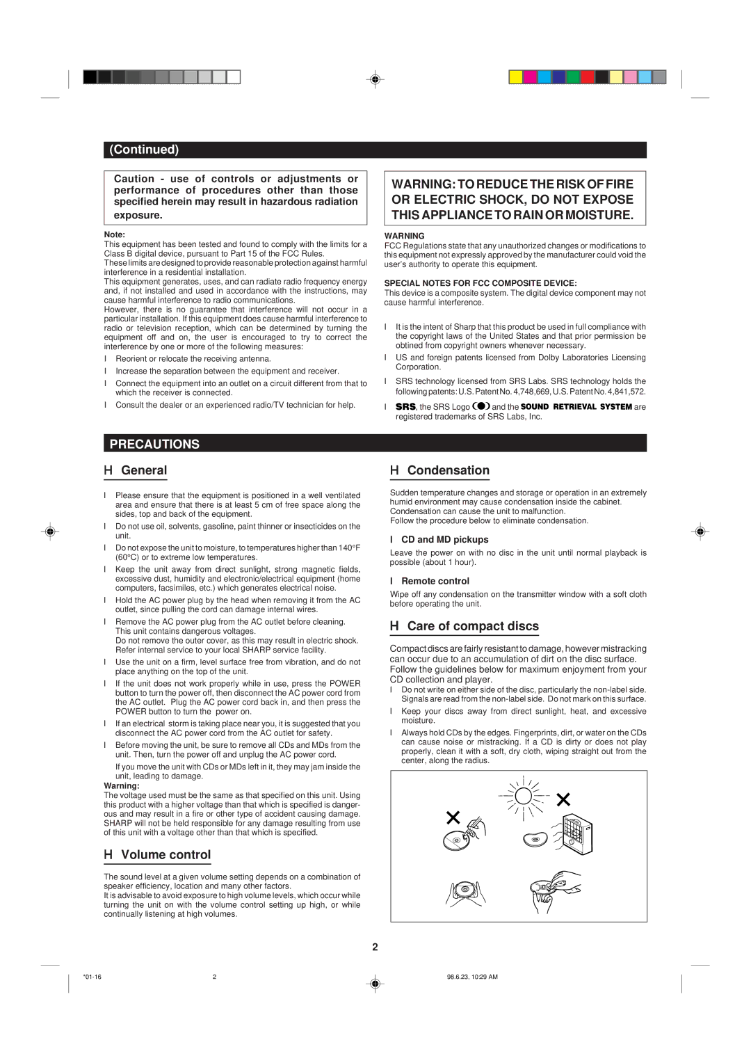 Sharp MD-X8 operation manual Precautions, General, Volume control, Condensation, Care of compact discs 