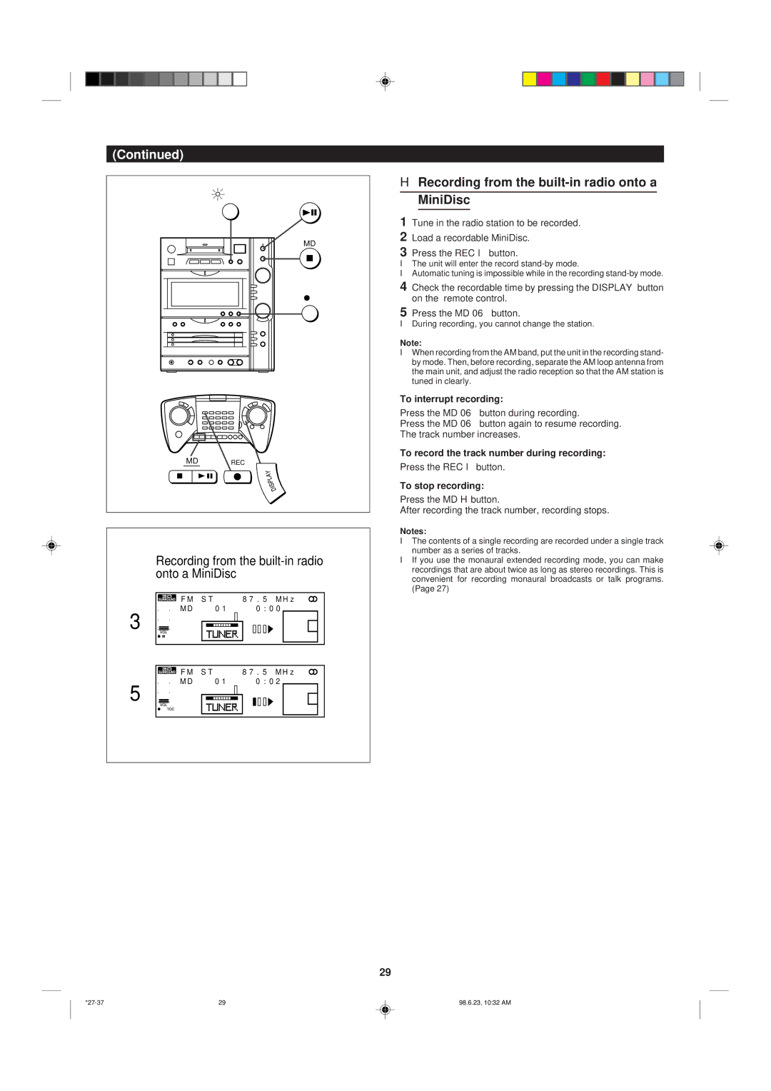 Sharp MD-X8 operation manual Recording from the built-in radio onto a MiniDisc, To interrupt recording 