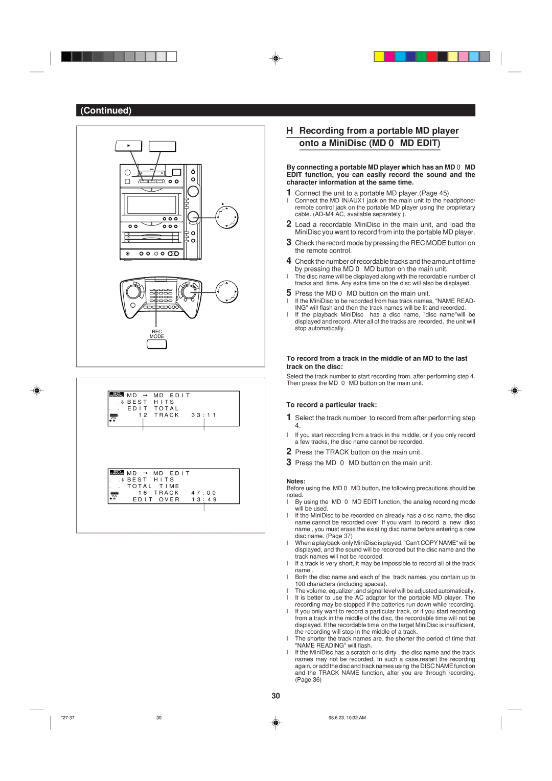 Sharp MD-X8 operation manual Connect the unit to a portable MD player.Page, Press the MD 0 MD button on the main unit 