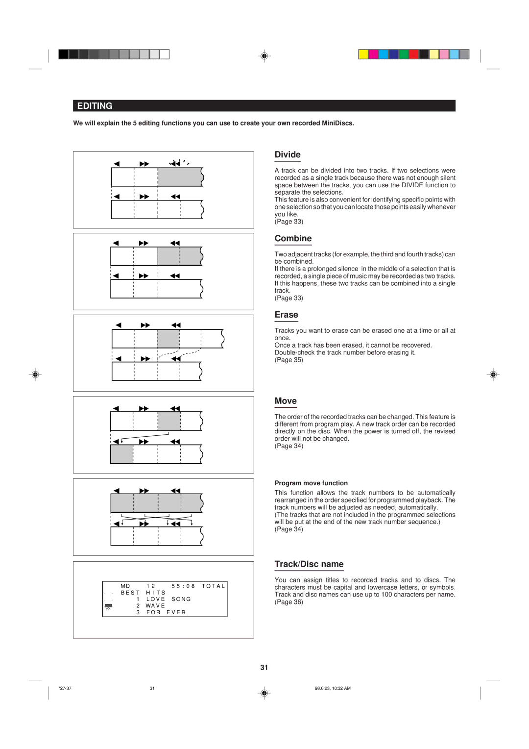 Sharp MD-X8 operation manual Editing 