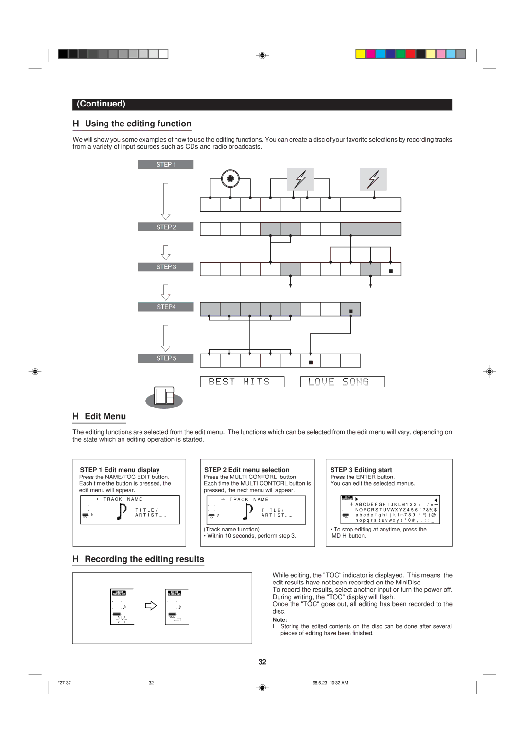 Sharp MD-X8 operation manual Using the editing function, Edit Menu, Recording the editing results 