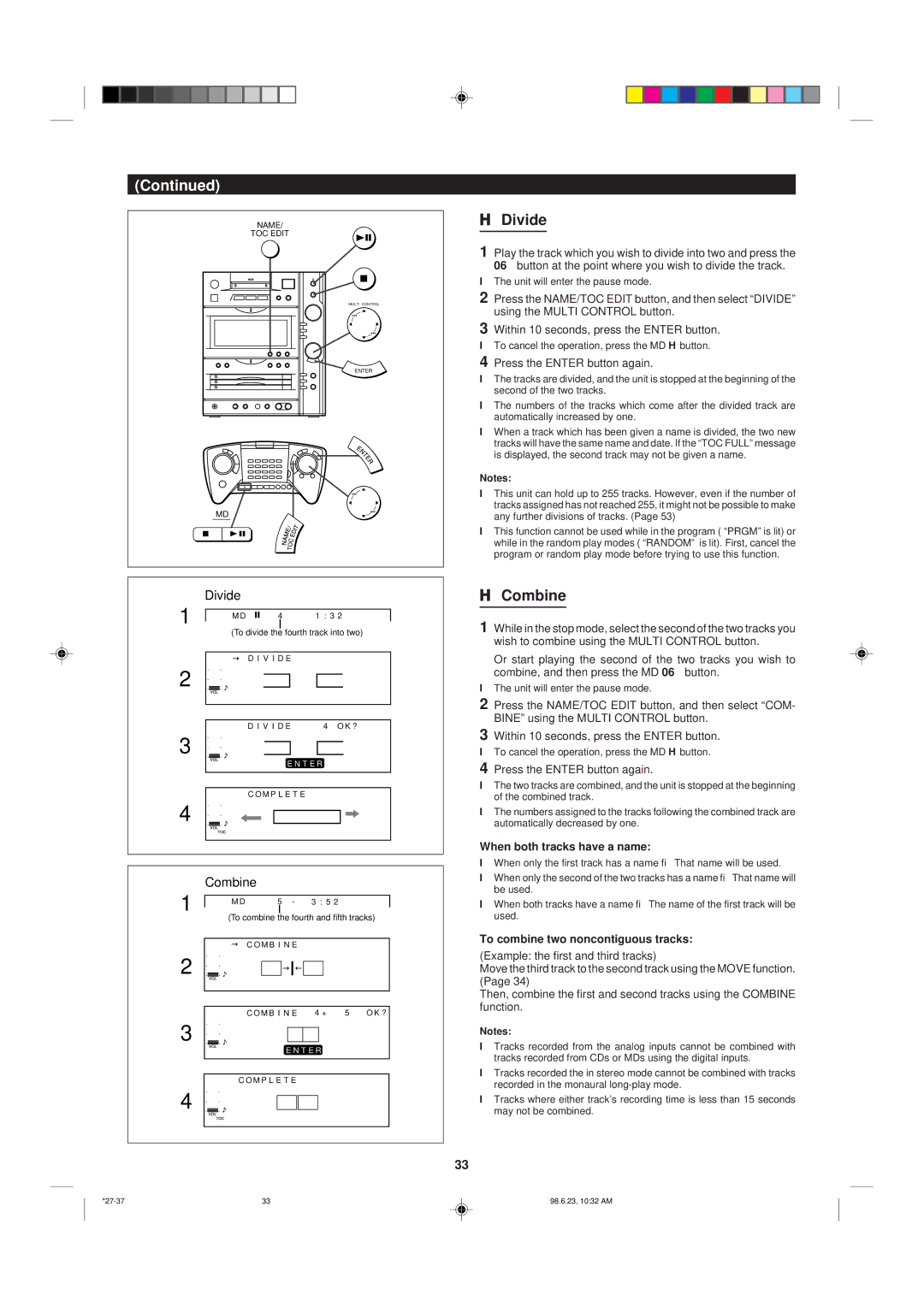 Sharp MD-X8 Press the Enter button again, When both tracks have a name, To combine two noncontiguous tracks 