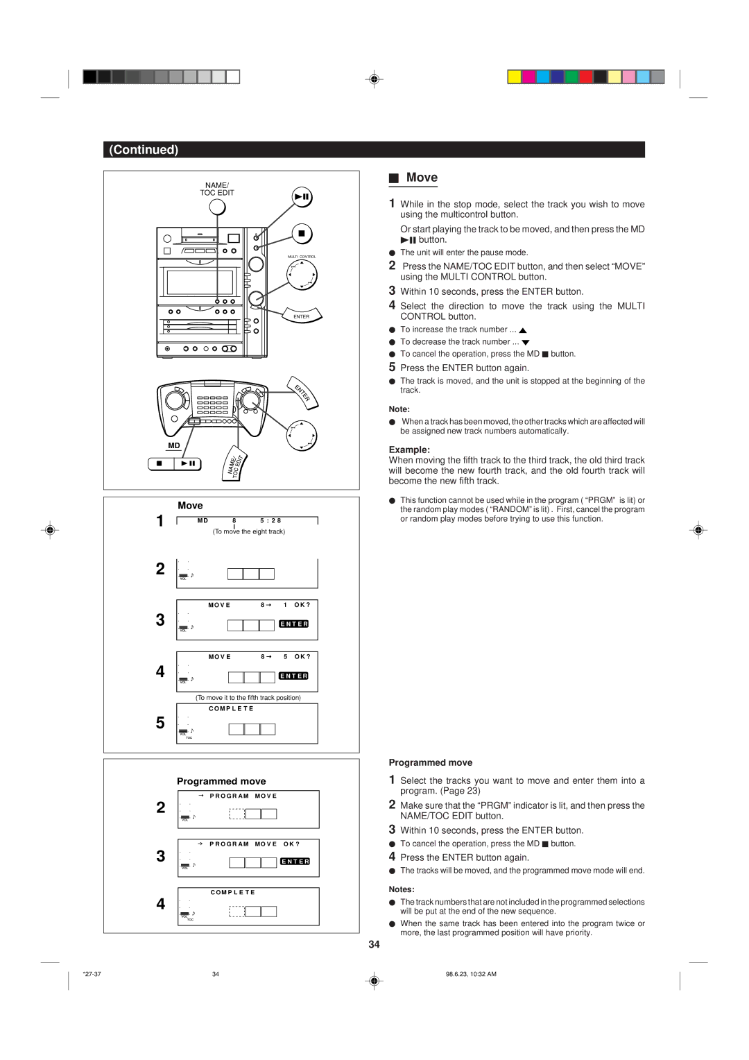 Sharp MD-X8 operation manual Move, Programmed move, Example 