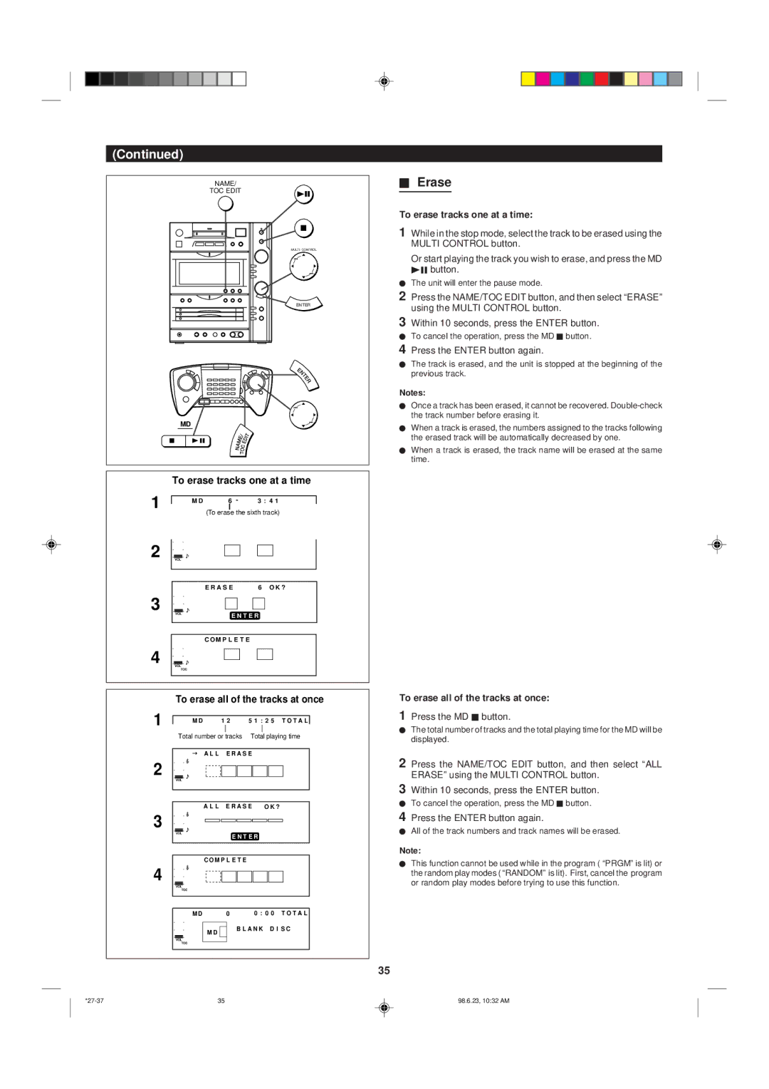 Sharp MD-X8 operation manual To erase tracks one at a time, To erase all of the tracks at once 