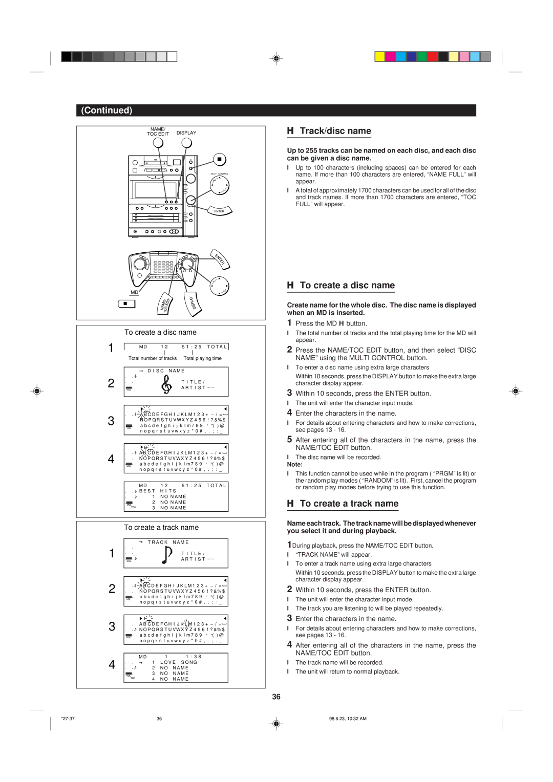 Sharp MD-X8 operation manual To create a disc name, To create a track name, Enter the characters in the name 