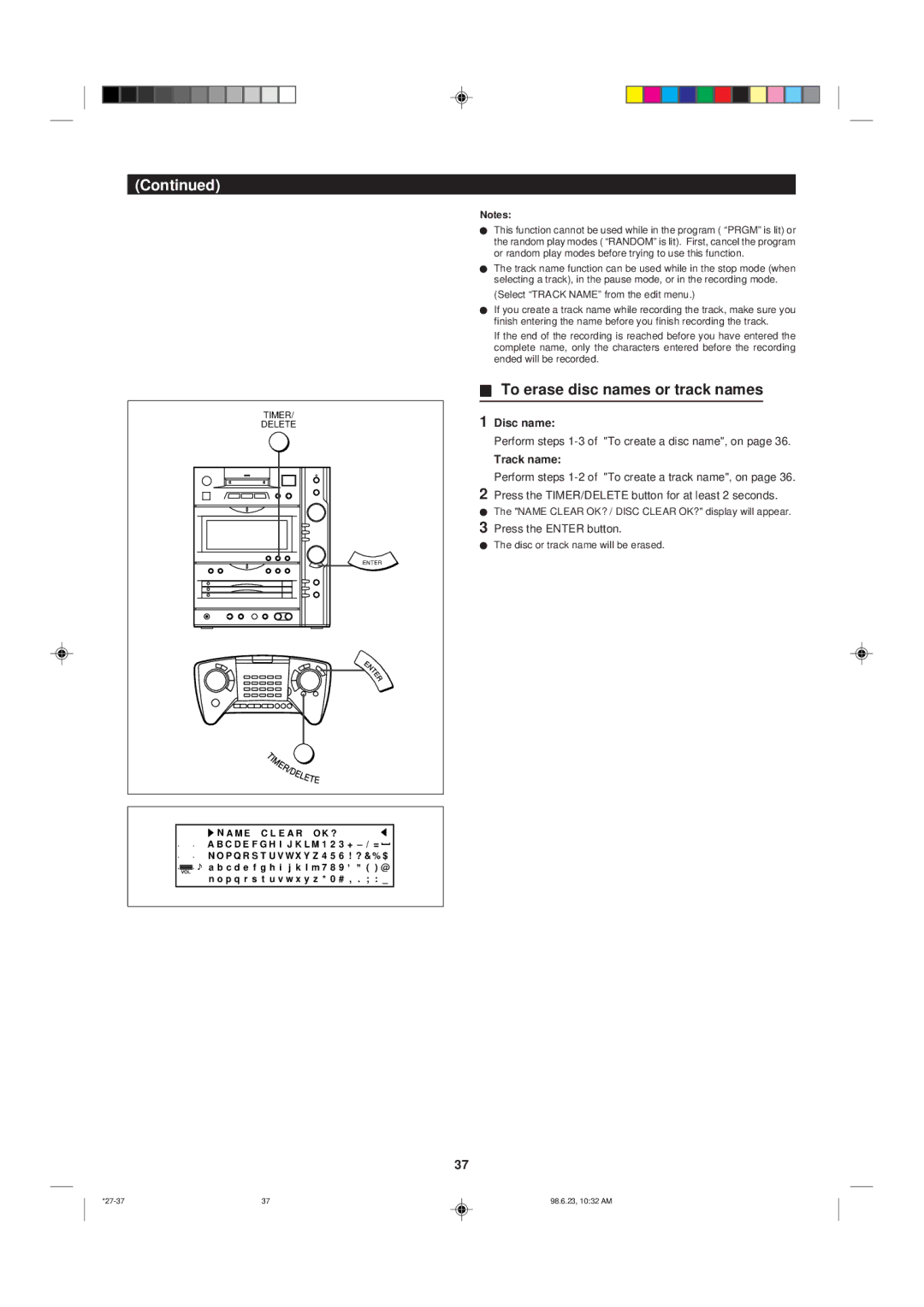 Sharp MD-X8 To erase disc names or track names, Disc name, Perform steps 1-3 of To create a disc name, on, Track name 