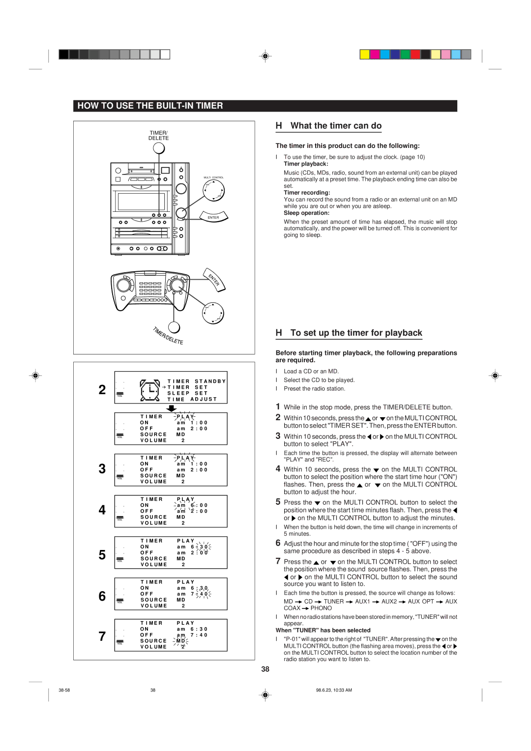 Sharp MD-X8 operation manual HOW to USE the BUILT-IN Timer, What the timer can do, To set up the timer for playback 