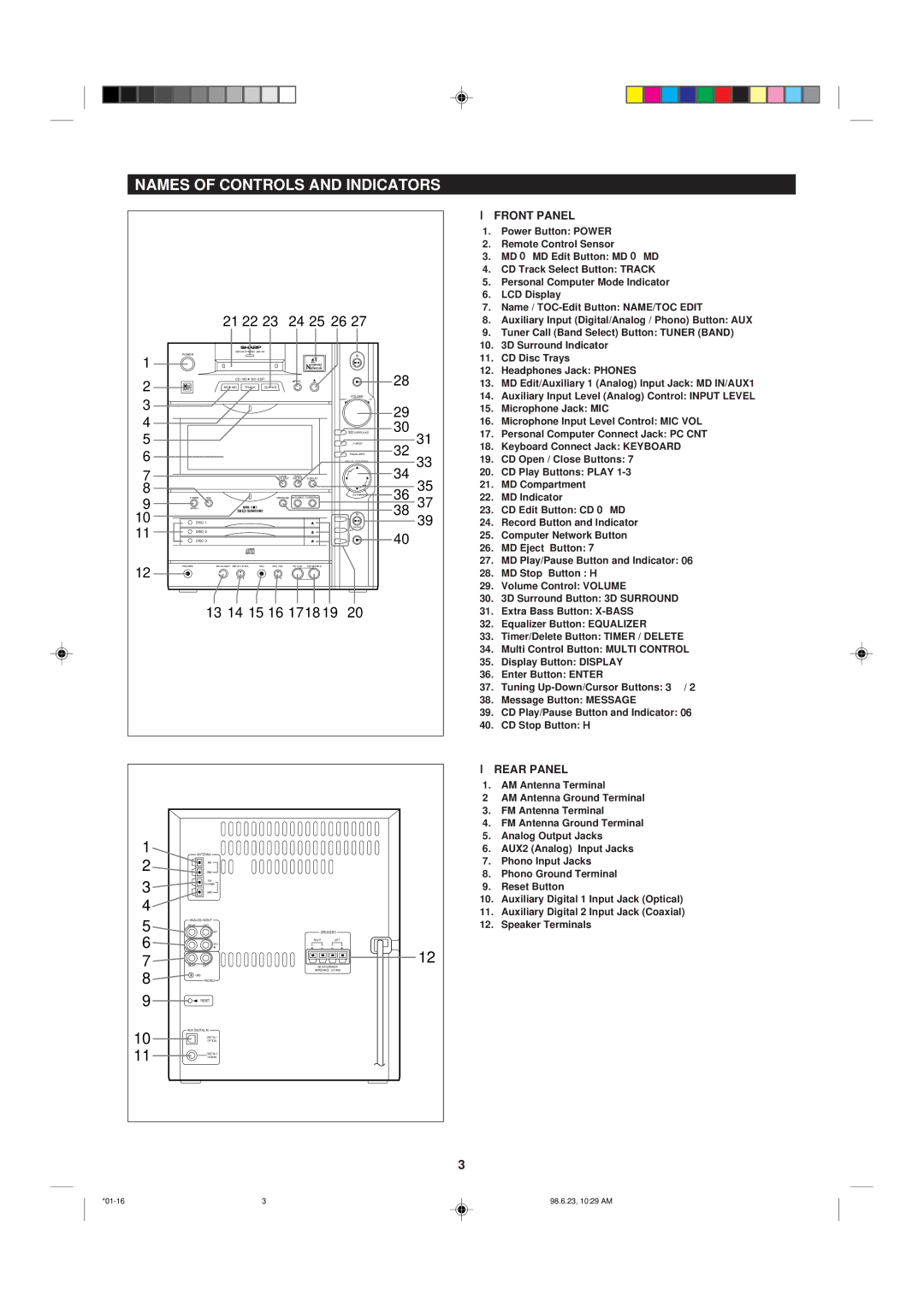 Sharp MD-X8 operation manual Names of Controls and Indicators, 21 22 24 25 26 