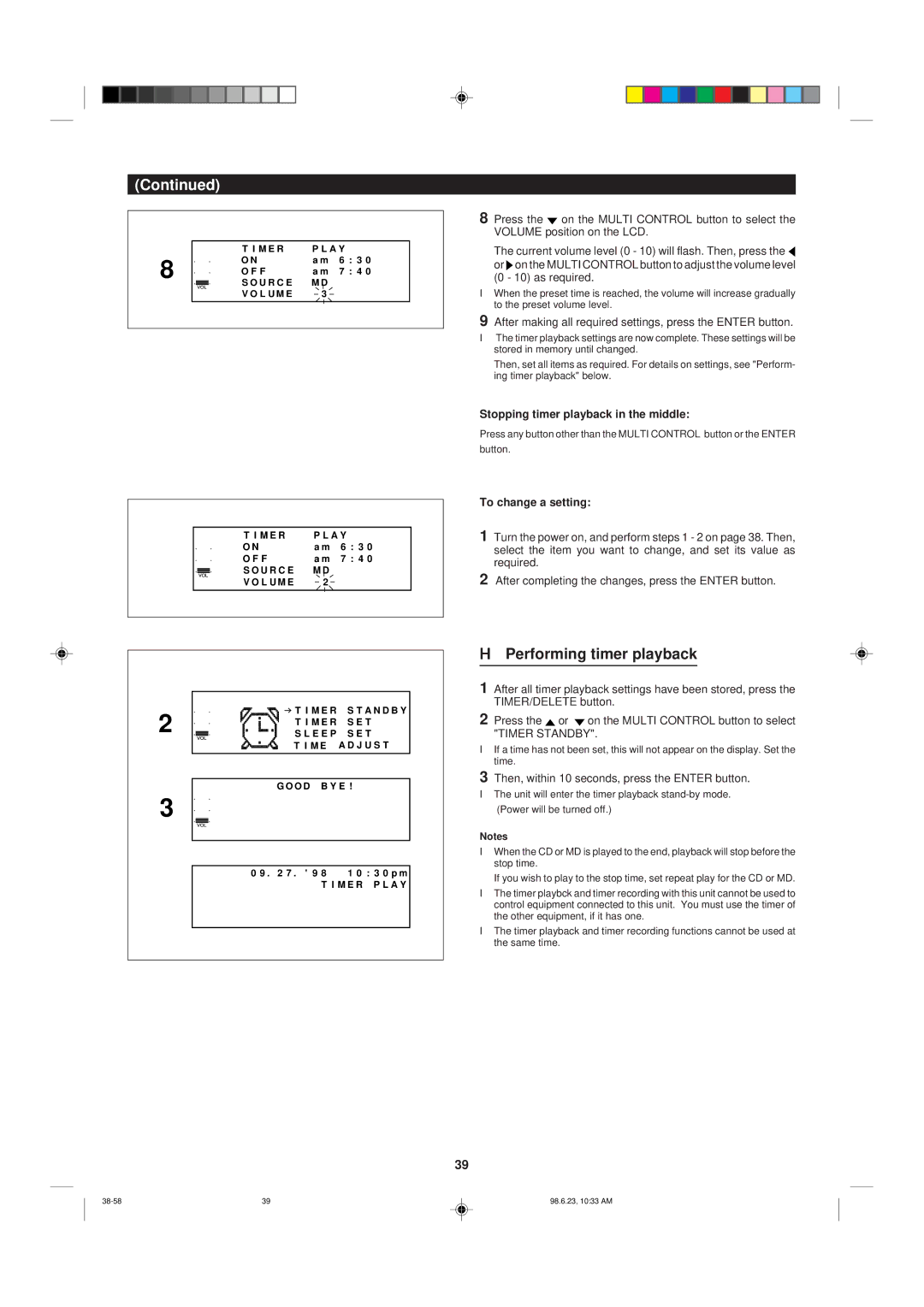 Sharp MD-X8 Performing timer playback, After making all required settings, press the Enter button, To change a setting 