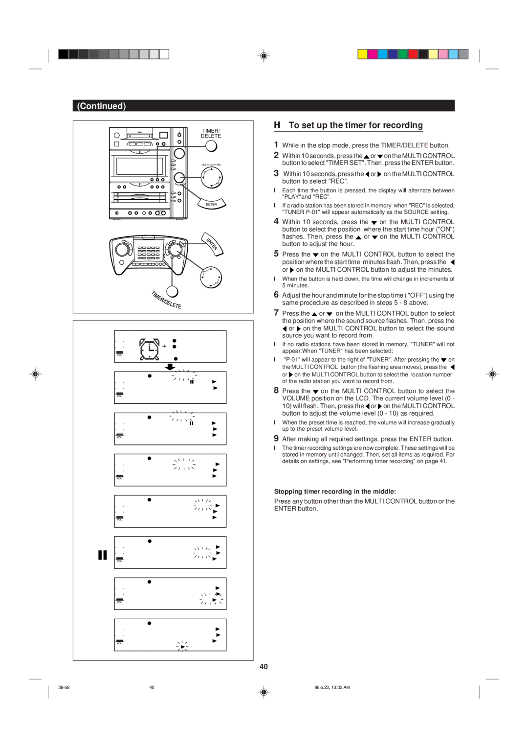 Sharp MD-X8 operation manual To set up the timer for recording, Stopping timer recording in the middle 