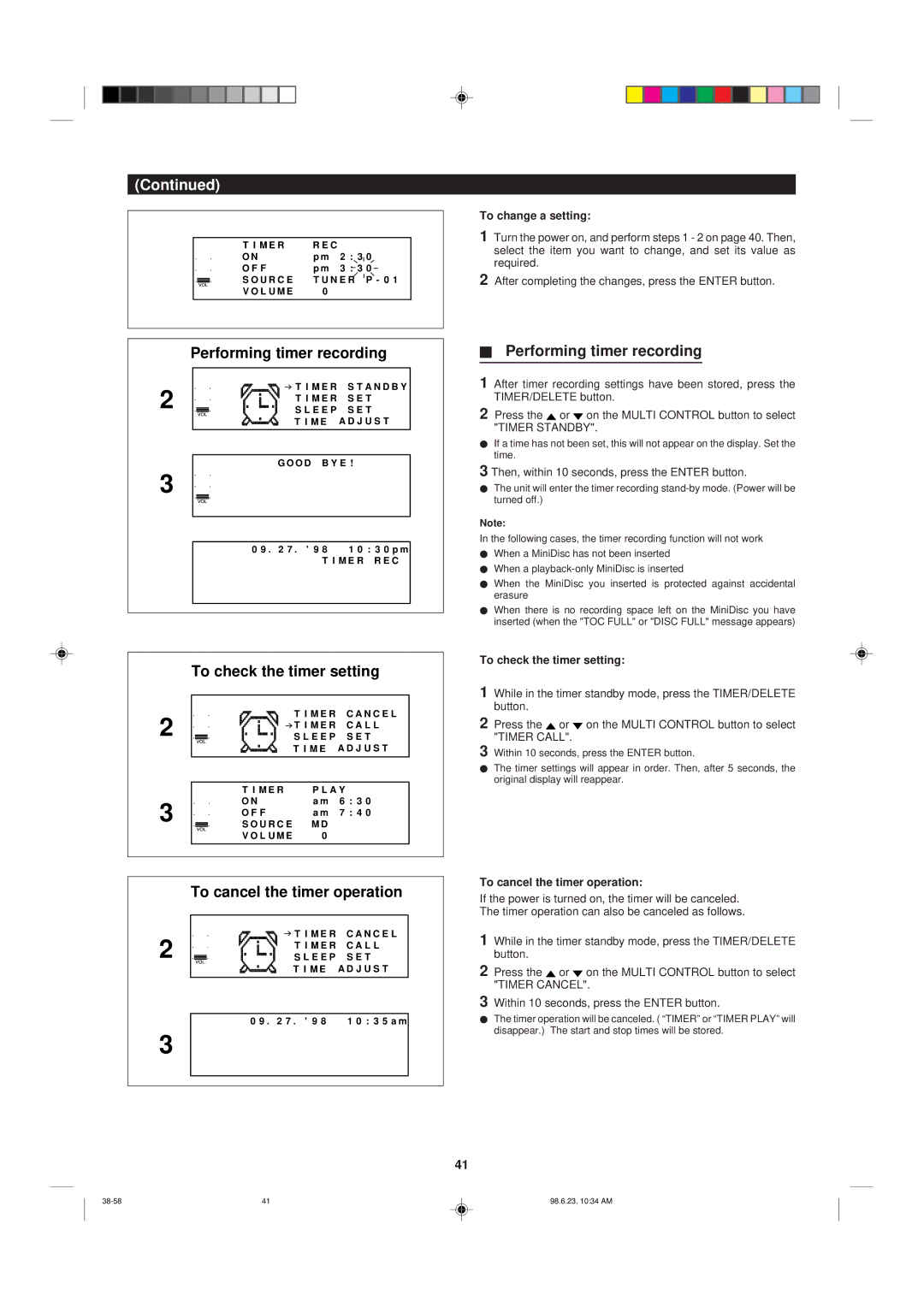 Sharp MD-X8 operation manual Performing timer recording, To check the timer setting, To cancel the timer operation 