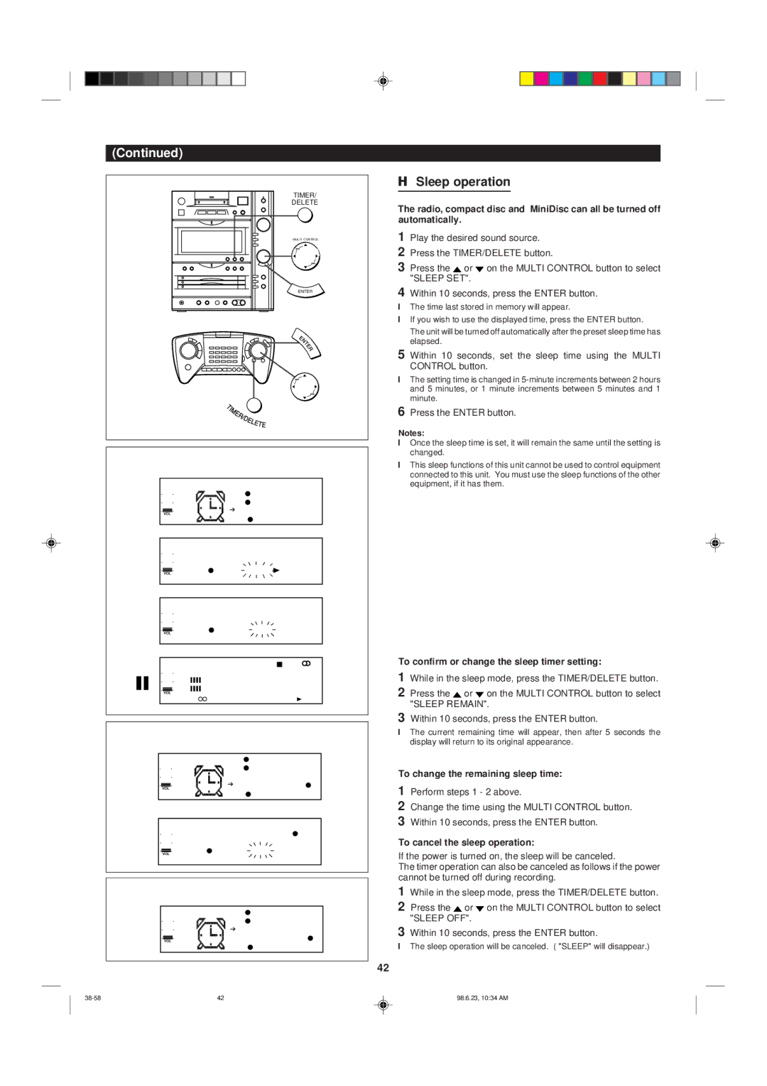 Sharp MD-X8 Sleep operation, To confirm or change the sleep timer setting, To change the remaining sleep time 