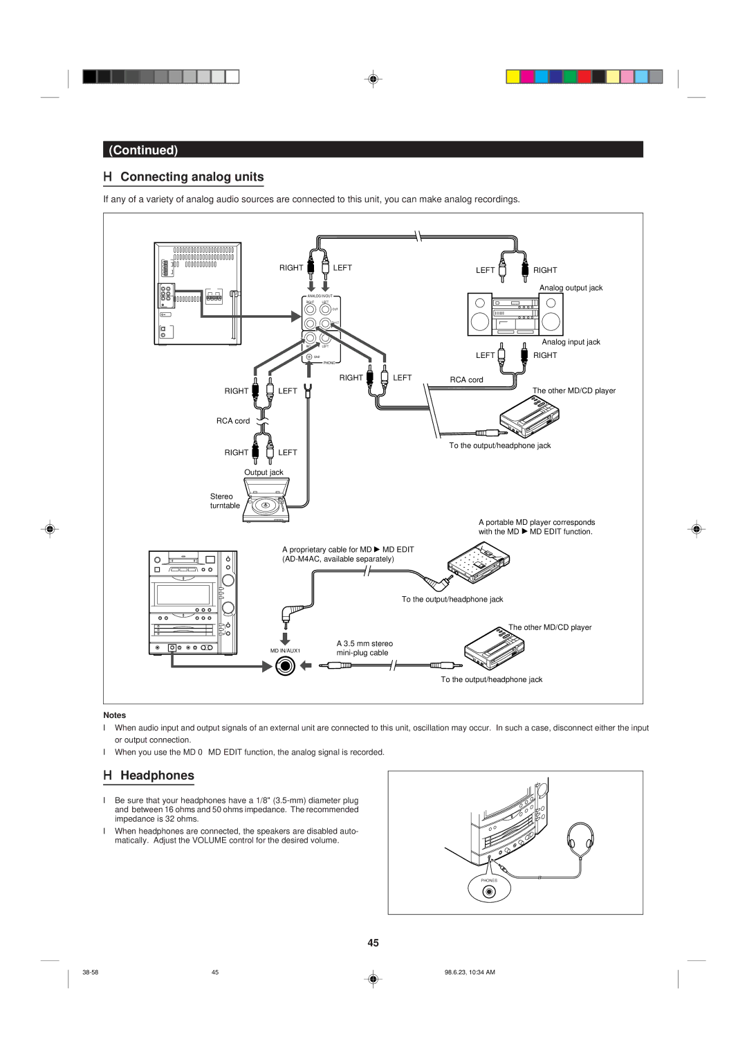 Sharp MD-X8 operation manual Connecting analog units, Headphones 