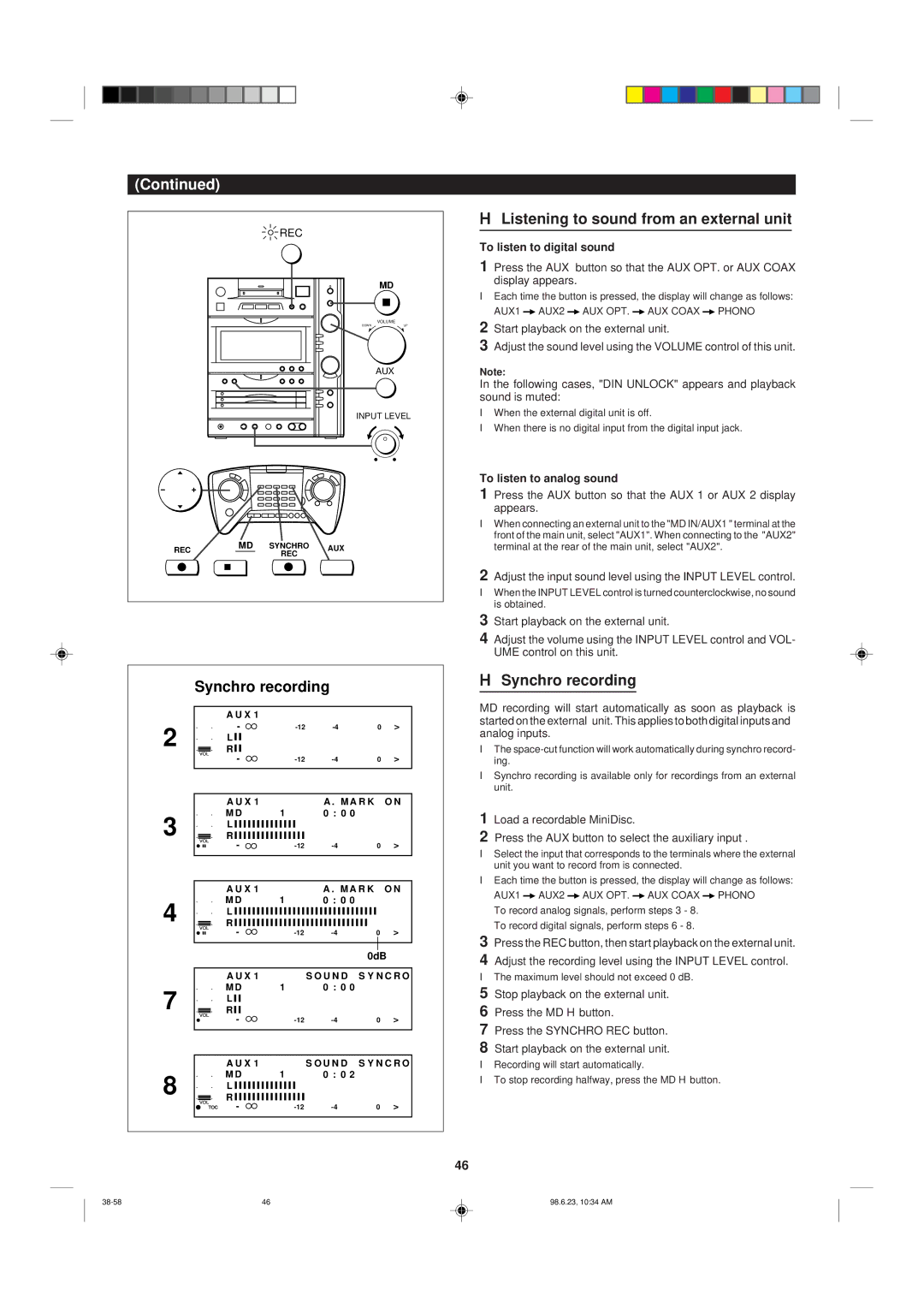 Sharp MD-X8 operation manual Synchro recording, Listening to sound from an external unit, To listen to digital sound 