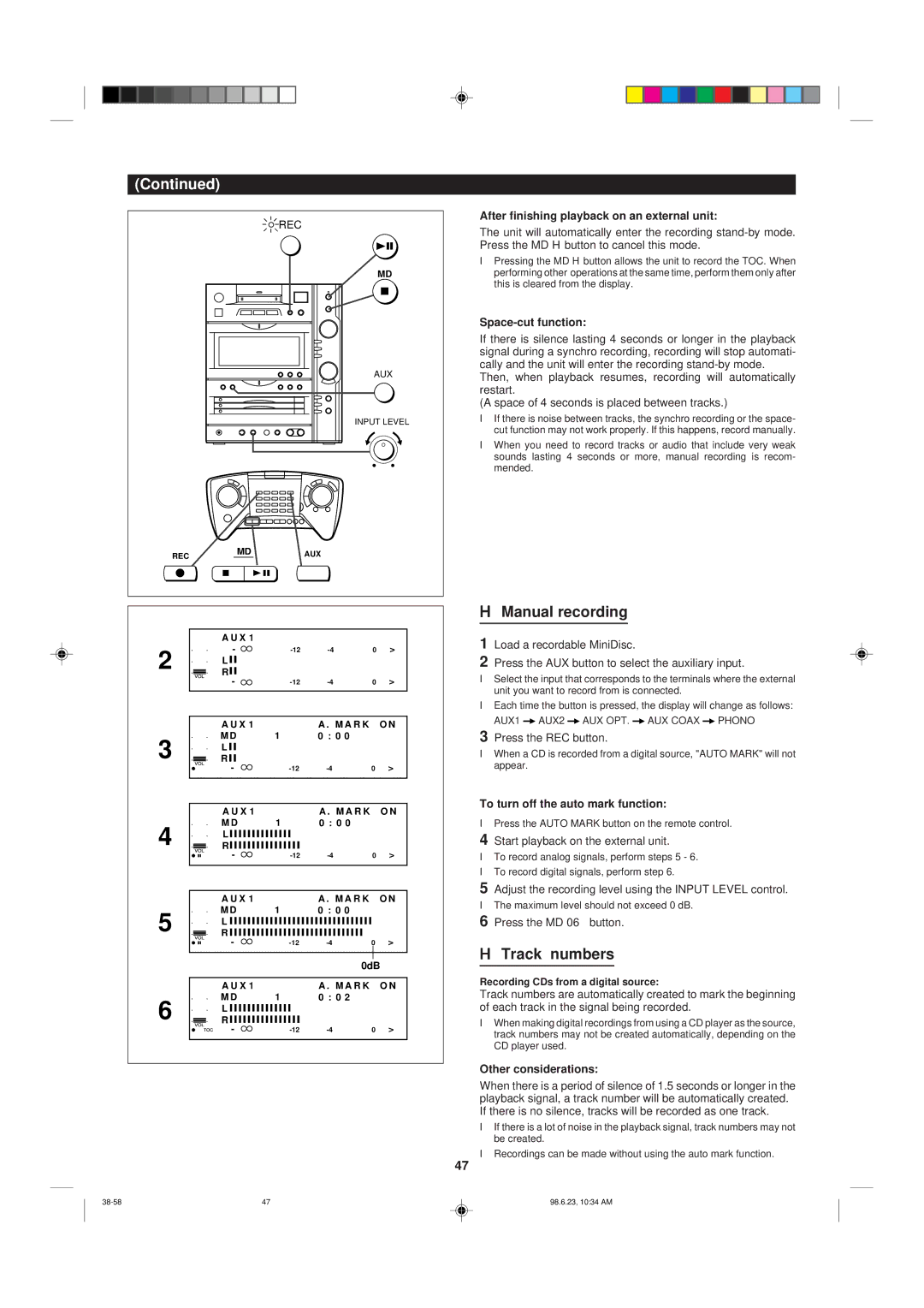 Sharp MD-X8 operation manual Manual recording, Track numbers 