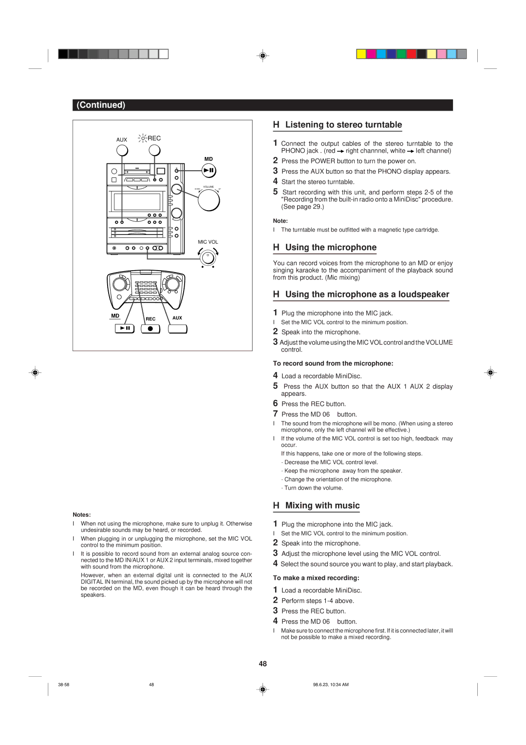 Sharp MD-X8 operation manual Listening to stereo turntable, Using the microphone as a loudspeaker, Mixing with music 