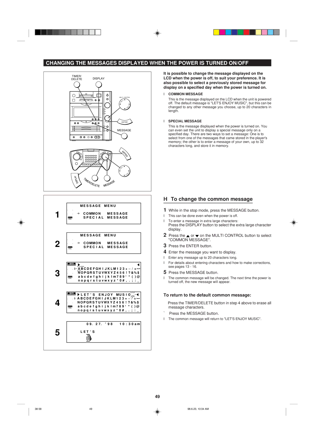 Sharp MD-X8 operation manual To change the common message, To return to the default common message 