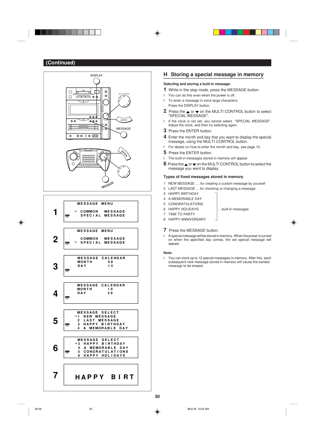 Sharp MD-X8 operation manual Storing a special message in memory, Types of fixed messages stored in memory 