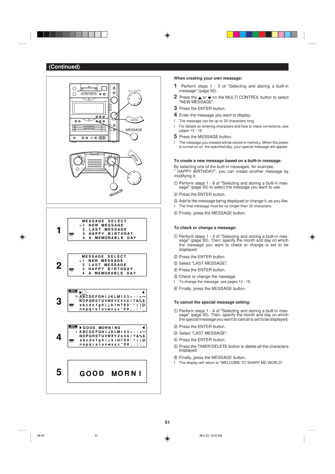 Sharp MD-X8 operation manual When creating your own message, To create a new message based on a built-in message 