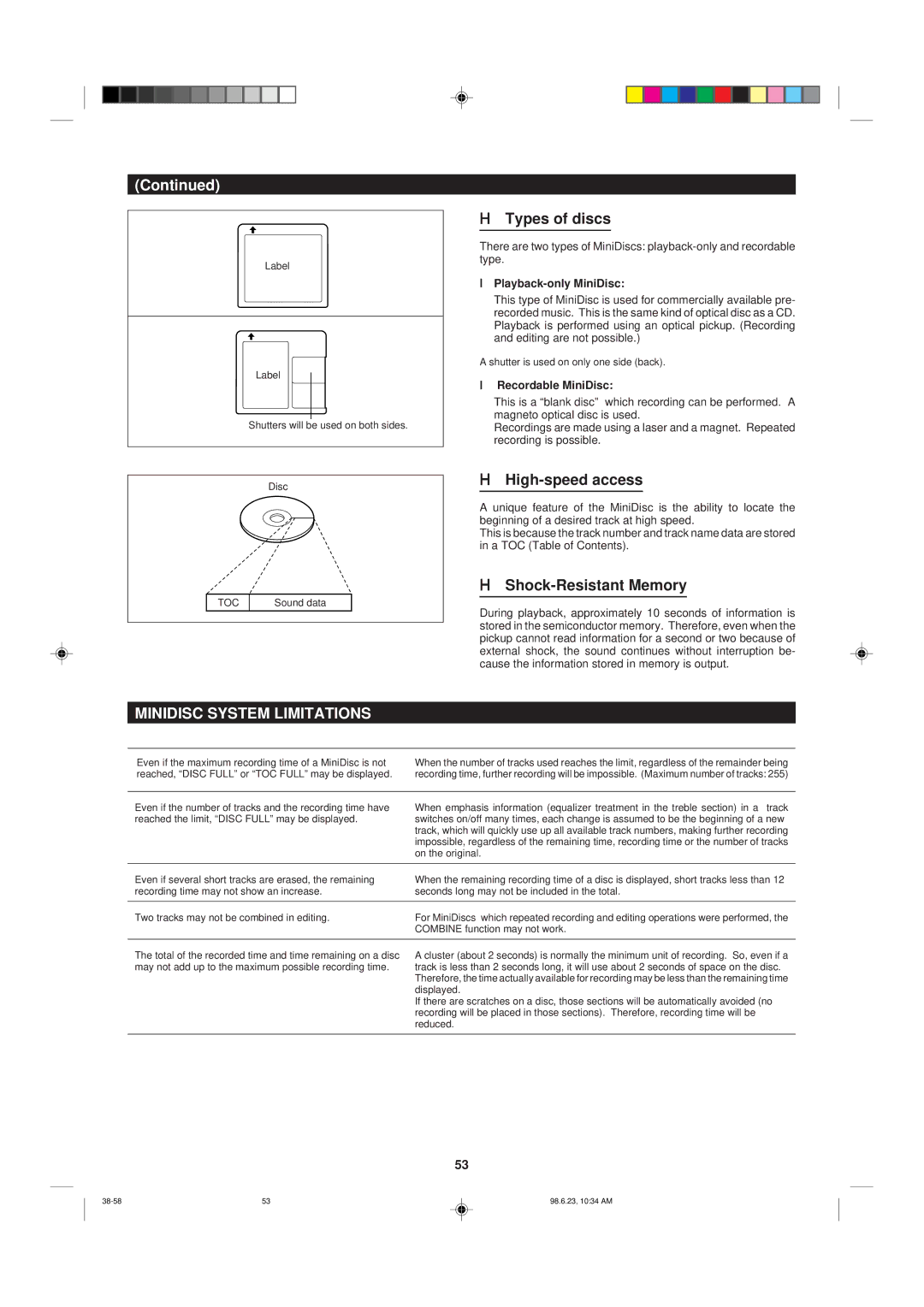 Sharp MD-X8 operation manual Types of discs, High-speed access, Shock-Resistant Memory, Minidisc System Limitations 