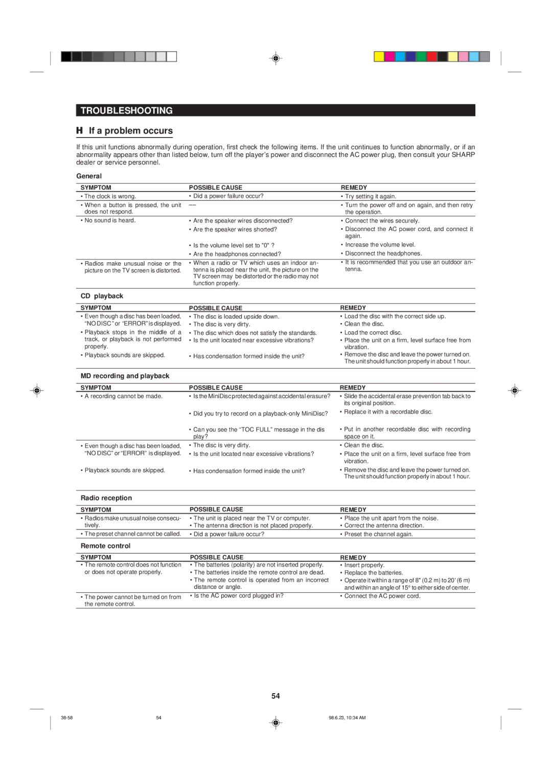 Sharp MD-X8 operation manual Troubleshooting, If a problem occurs 