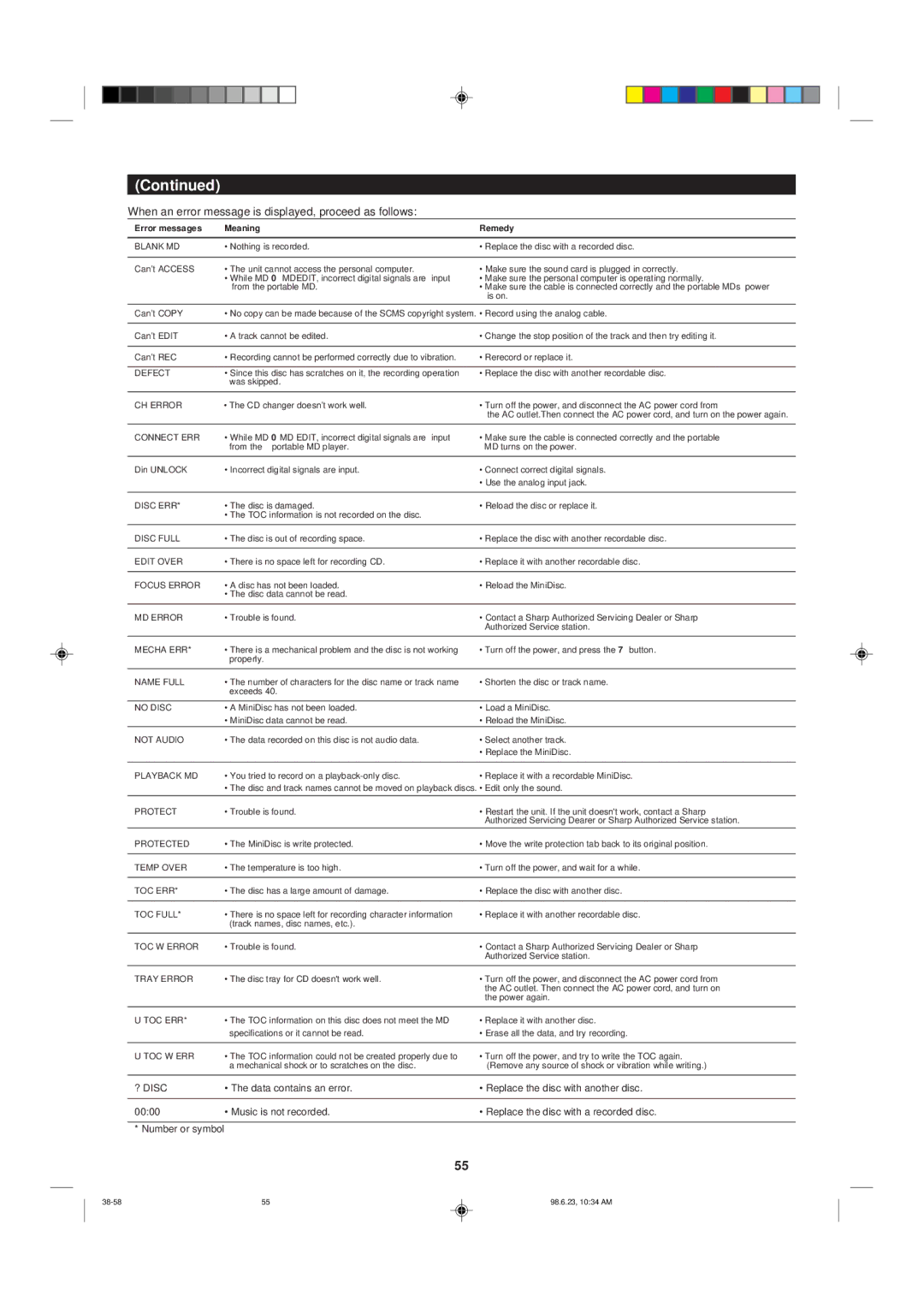 Sharp MD-X8 operation manual When an error message is displayed, proceed as follows, Blank MD 