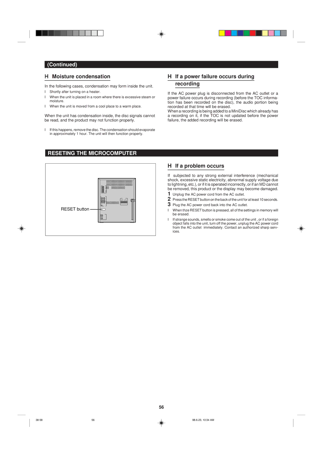 Sharp MD-X8 operation manual Moisture condensation, If a power failure occurs during recording, Reseting the Microcomputer 