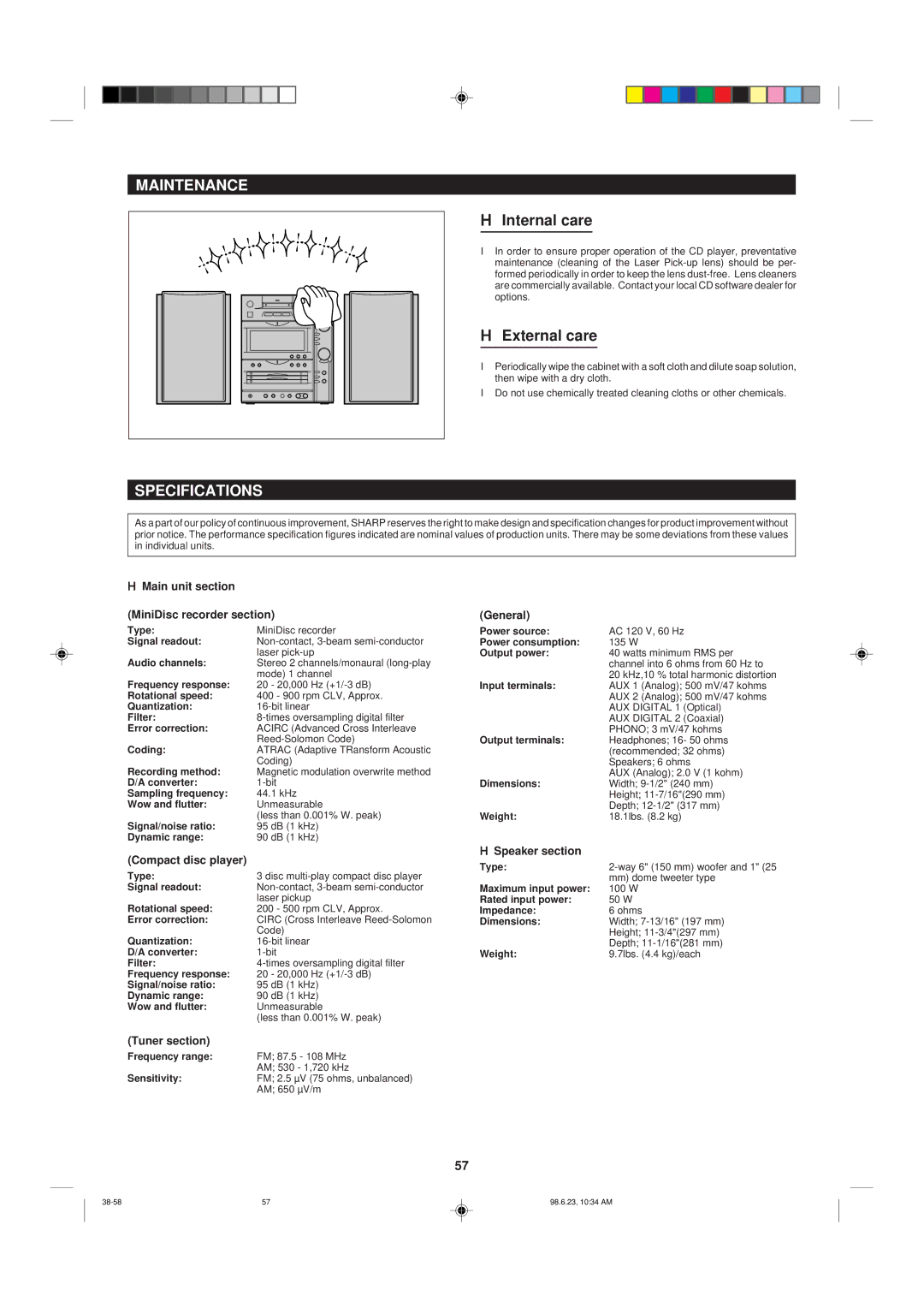 Sharp MD-X8 operation manual Maintenance, Internal care, External care, Specifications 