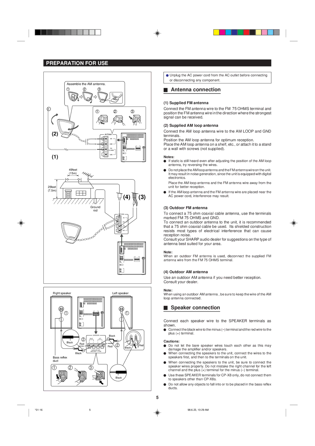 Sharp MD-X8 operation manual Preparation for USE, Antenna connection, Speaker connection 