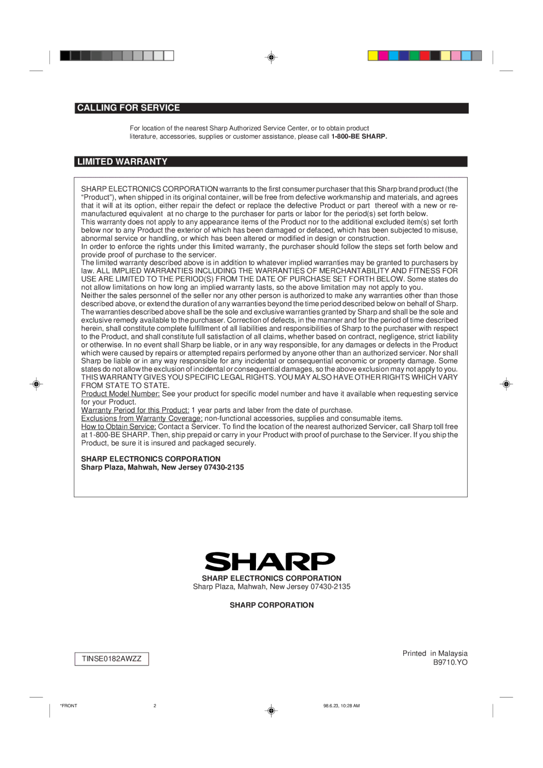 Sharp MD-X8 operation manual Calling for Service, Limited Warranty, Sharp Plaza, Mahwah, New Jersey 