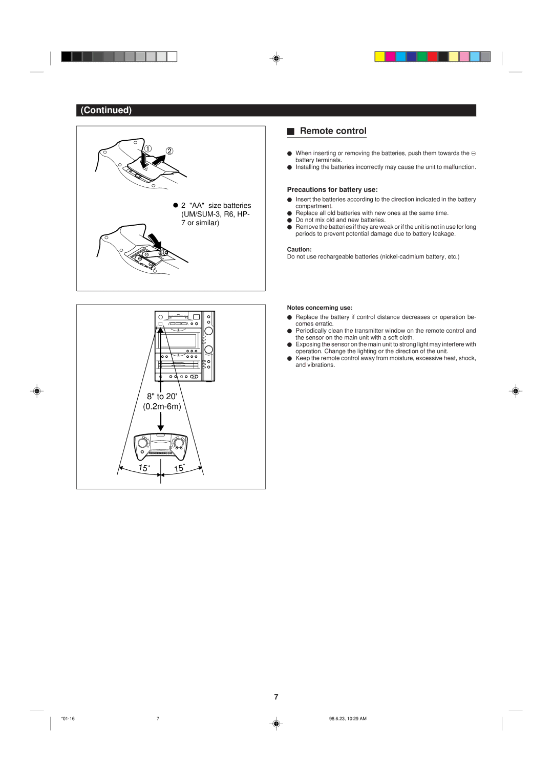 Sharp MD-X8 operation manual Remote control, Precautions for battery use 