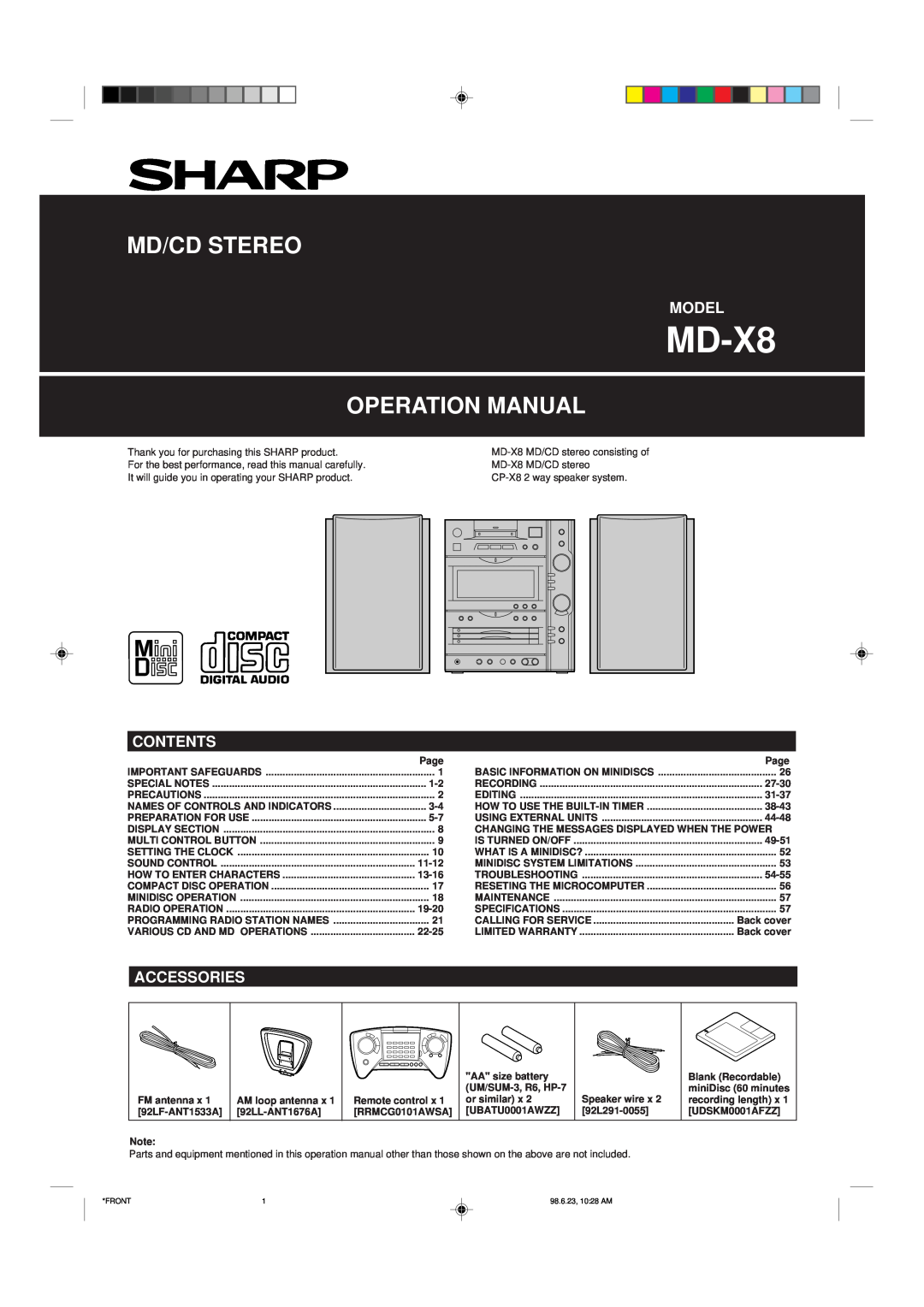 Sharp MD-X8 operation manual Md/Cd Stereo, Model, Contents, Accessories 
