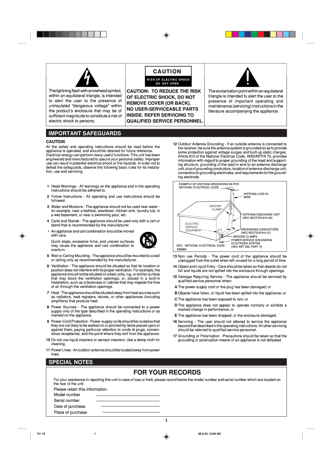 Sharp MD-X8 operation manual For Your Records, Important Safeguards, Special Notes 